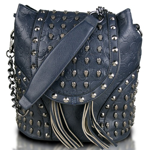 L1414 - Miss Lulu Skull Studded Backpack Shoulder Bag - Navy