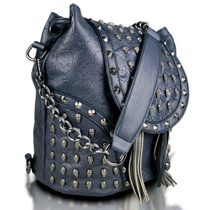 L1414 - Miss Lulu Skull Studded Backpack Shoulder Bag - Navy