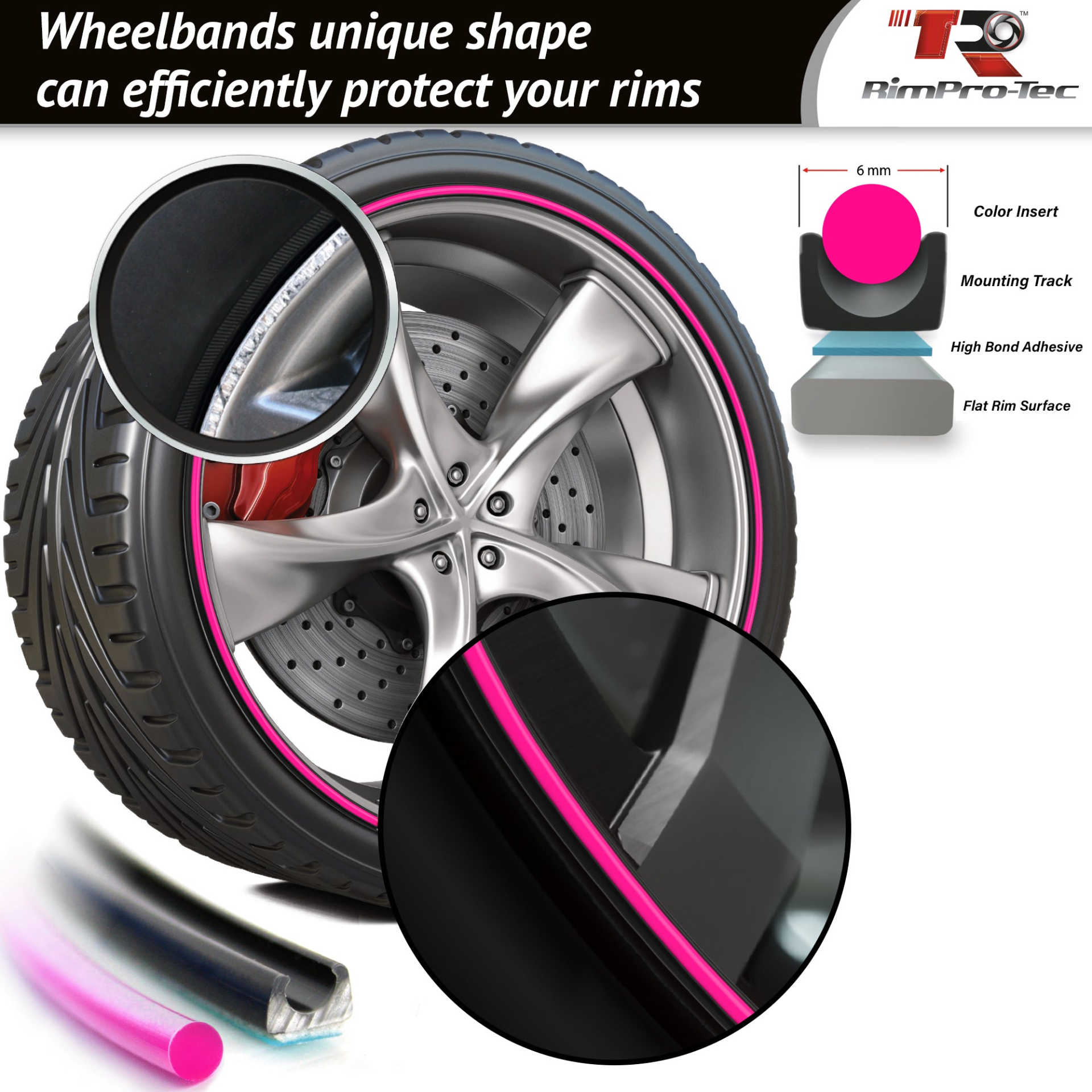 4x Black Base's 4x Pink Pinstripe's / RimPro-Tec® Wheelbands™ car wheel styling kit