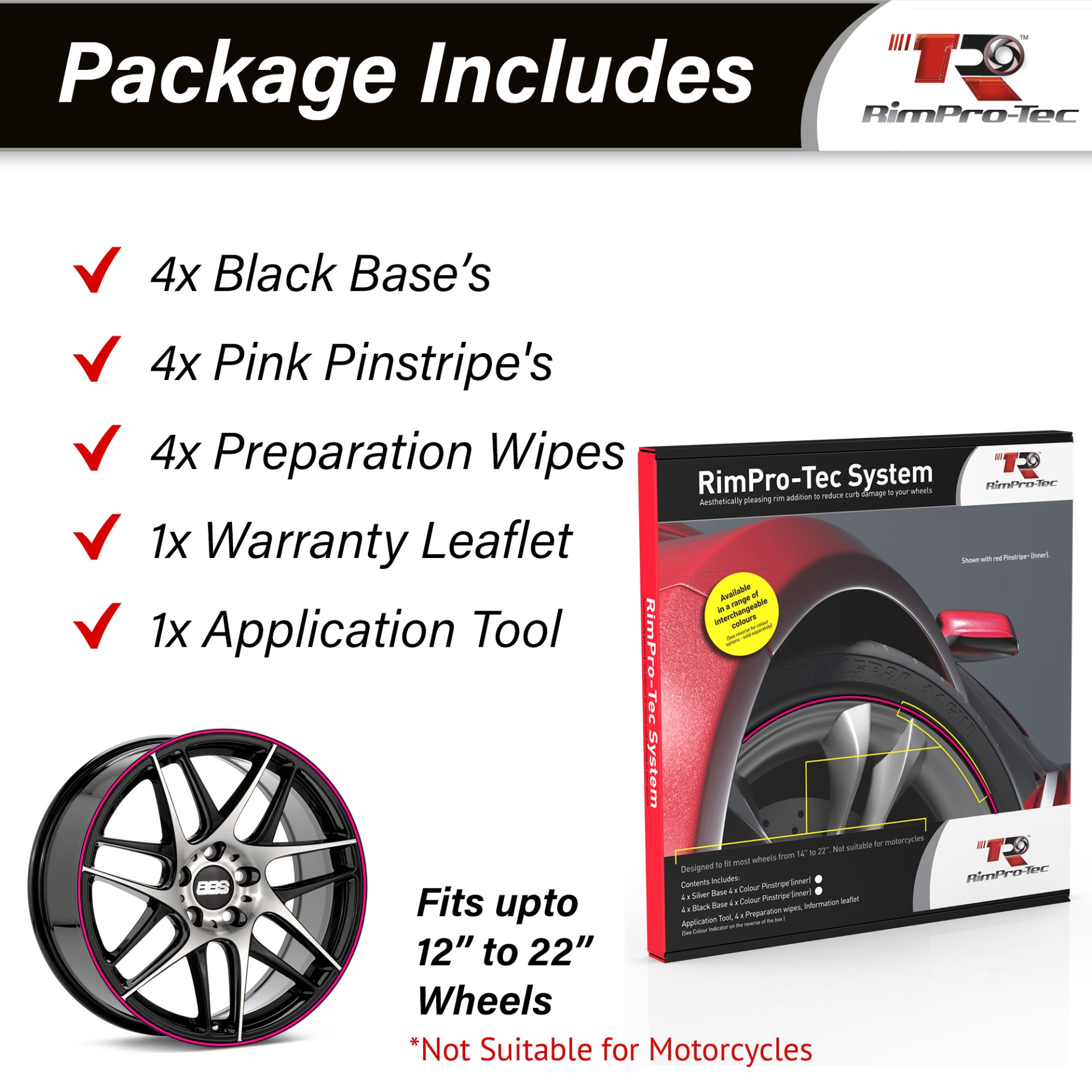 4x Black Base's 4x Pink Pinstripe's / RimPro-Tec® Wheelbands™ car wheel styling kit
