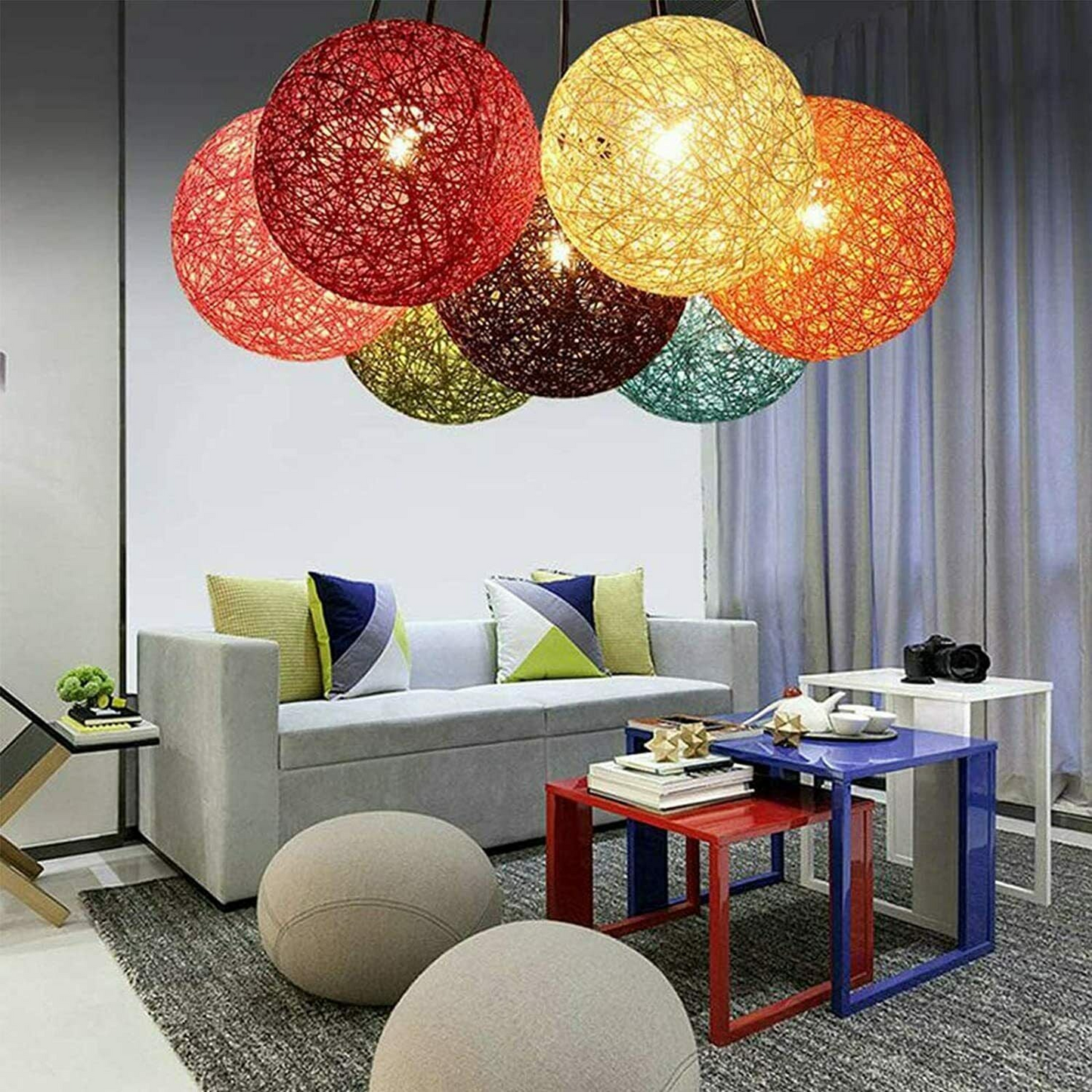 Rattan Wicker Woven Red Ball Globe Pendant Lampshade Two Outlet~1817