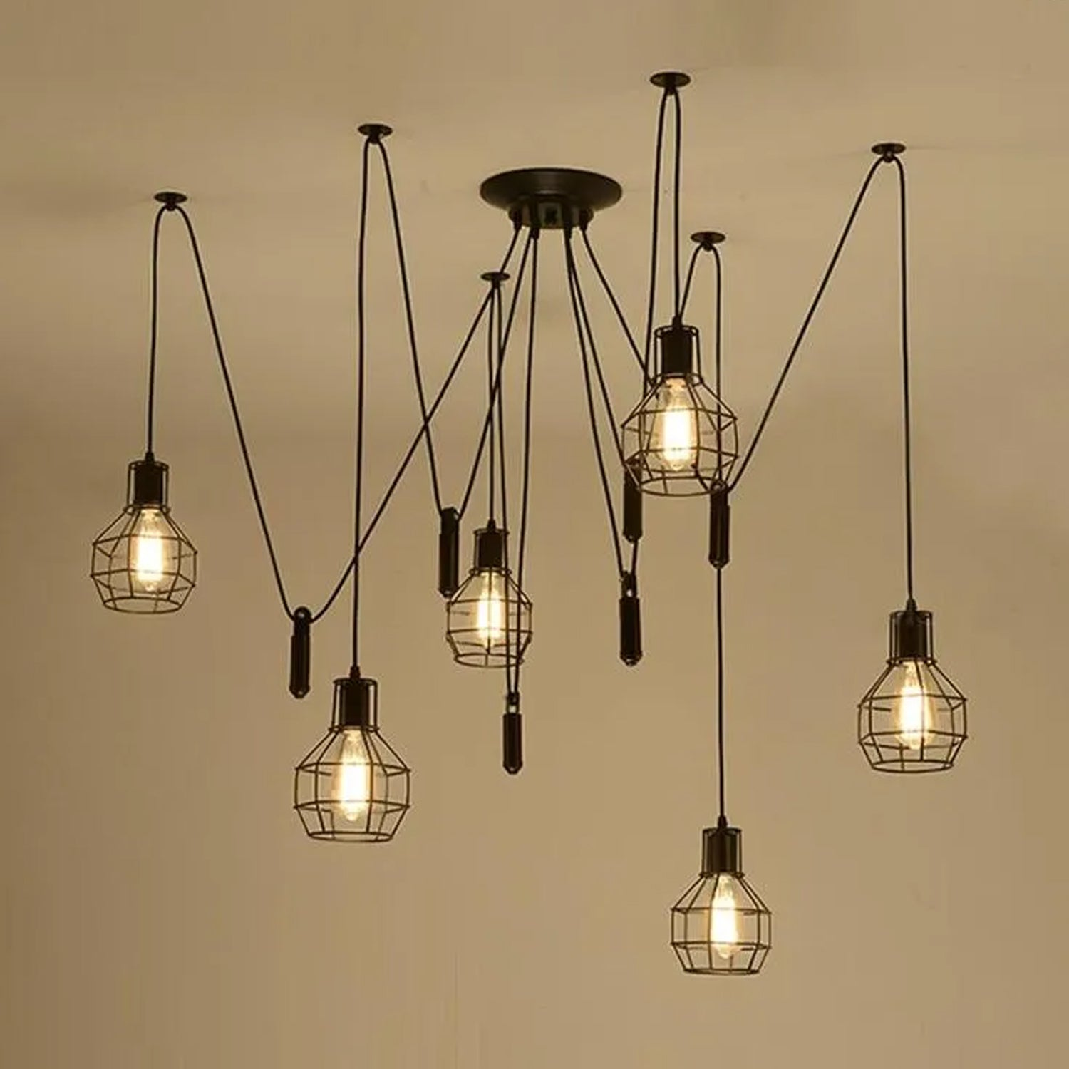 Black Spider Chandelier with Wire Cage 6 Out Let Pendant Light ~2018