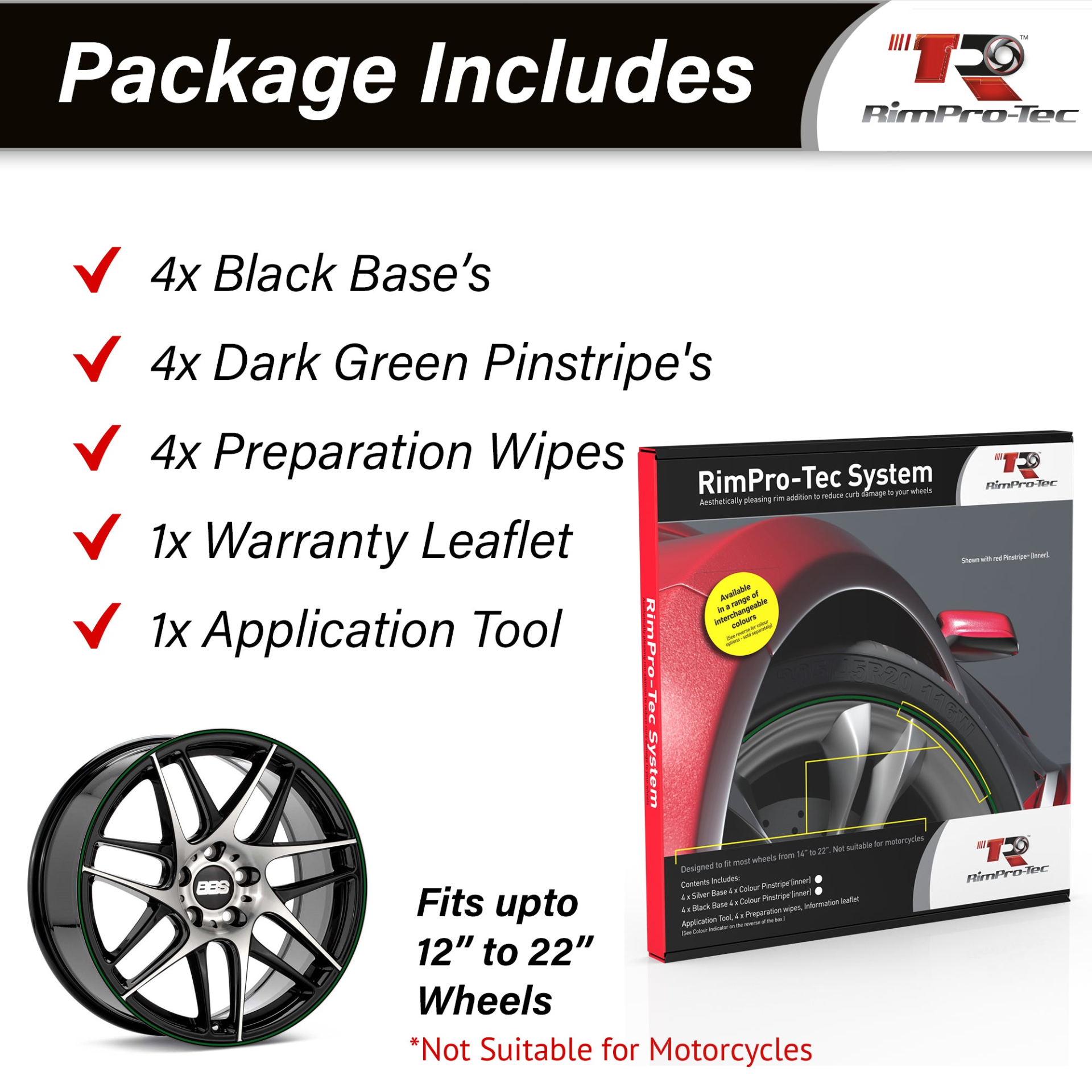 4x Black Base's 4x Dark Green  Pinstripe's / RimPro-Tec® Wheelbands™ car wheel styling kit