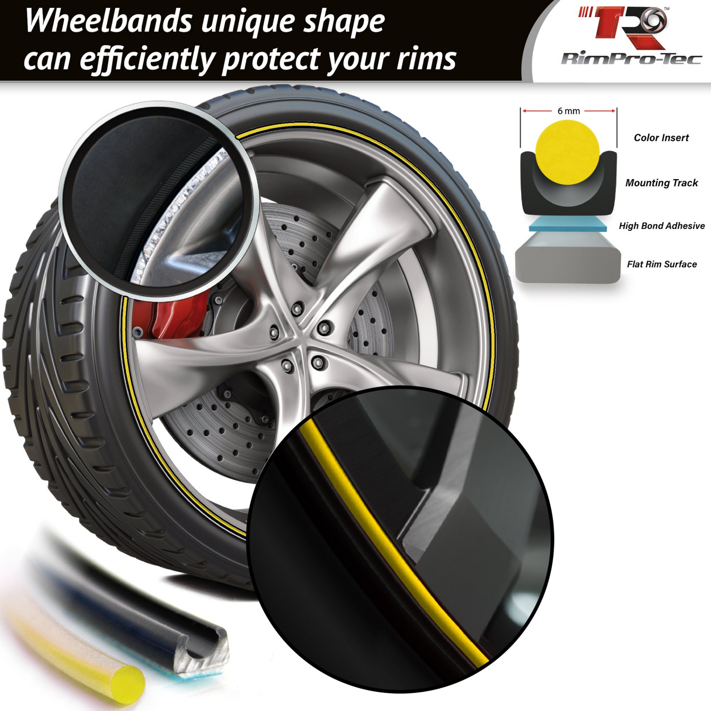 4x Black Base's 4x Yellow Pinstripe's / RimPro-Tec® Wheelbands™ car wheel styling kit