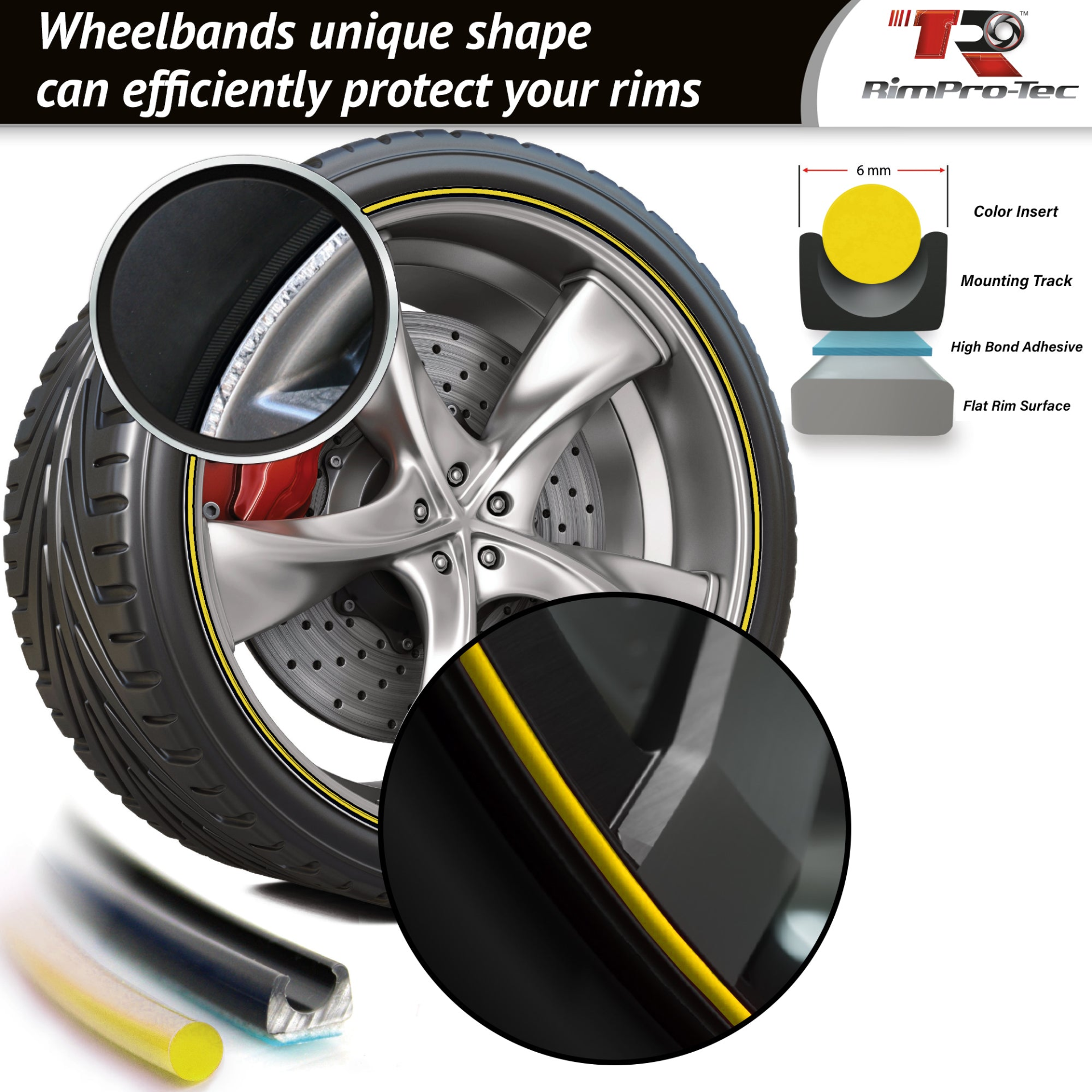 4x Black Base's 4x Yellow Pinstripe's / RimPro-Tec® Wheelbands™ car wheel styling kit