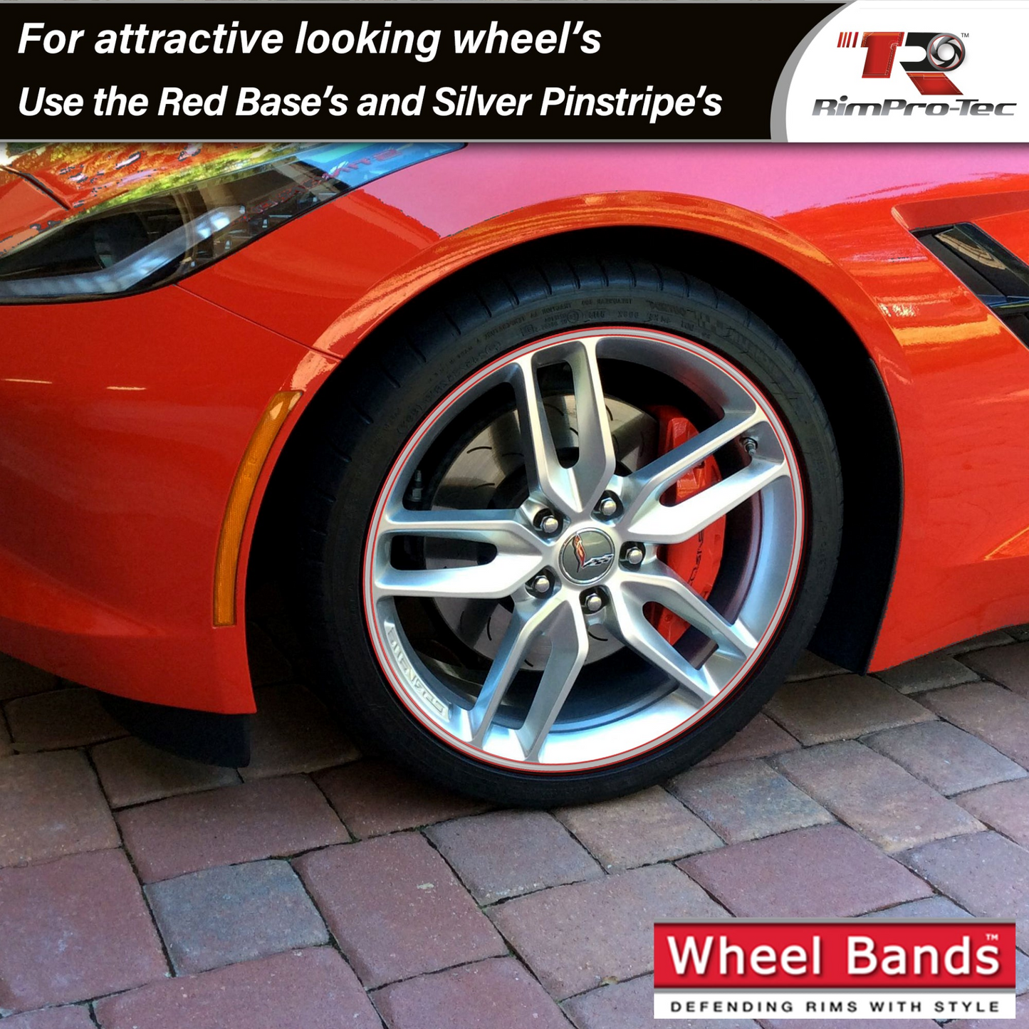 4x Red Base's 4x Silver Pinstripe's / RimPro-Tec® Wheelbands™ car wheel styling kit