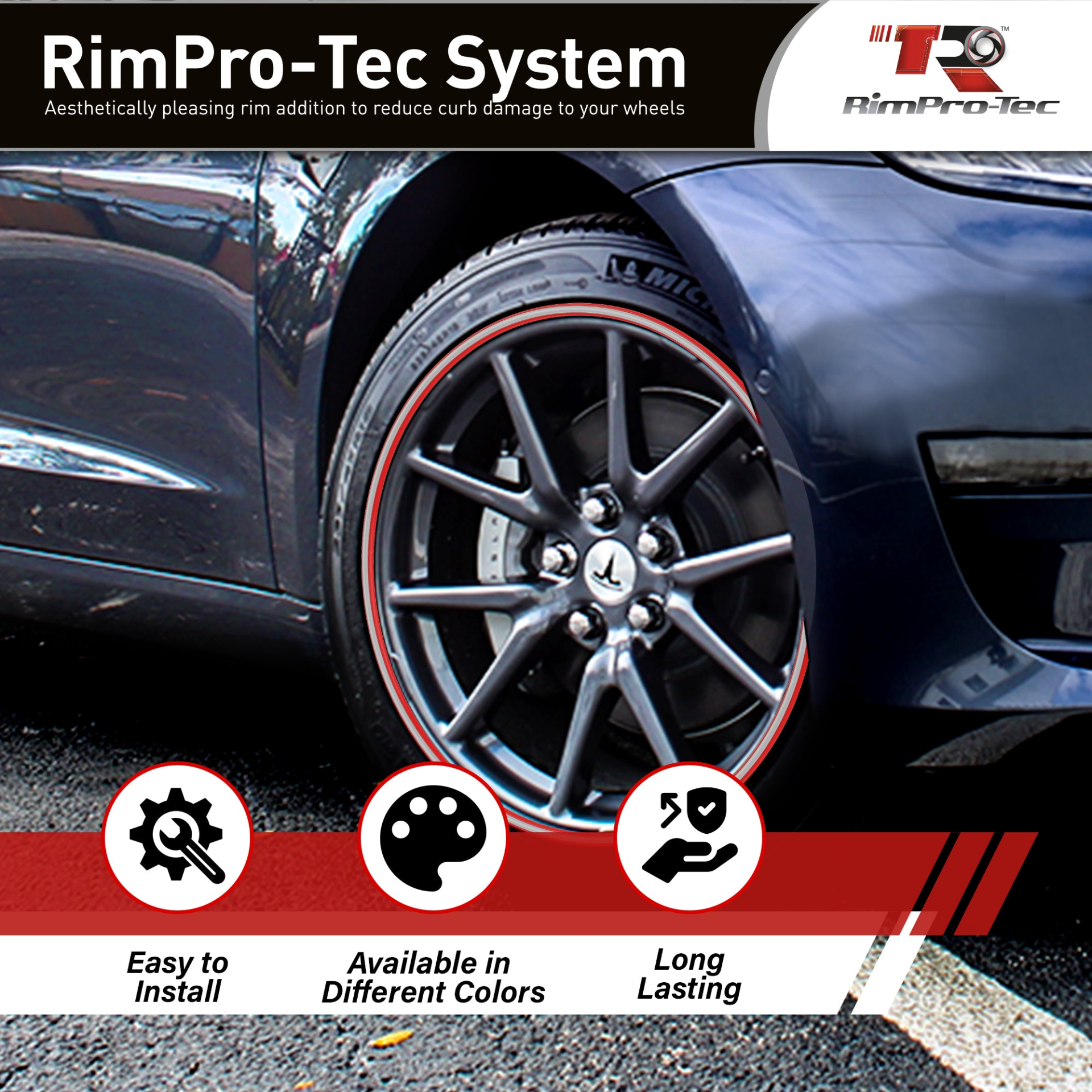 4x Red Base's 4x Silver Pinstripe's / RimPro-Tec® Wheelbands™ car wheel styling kit