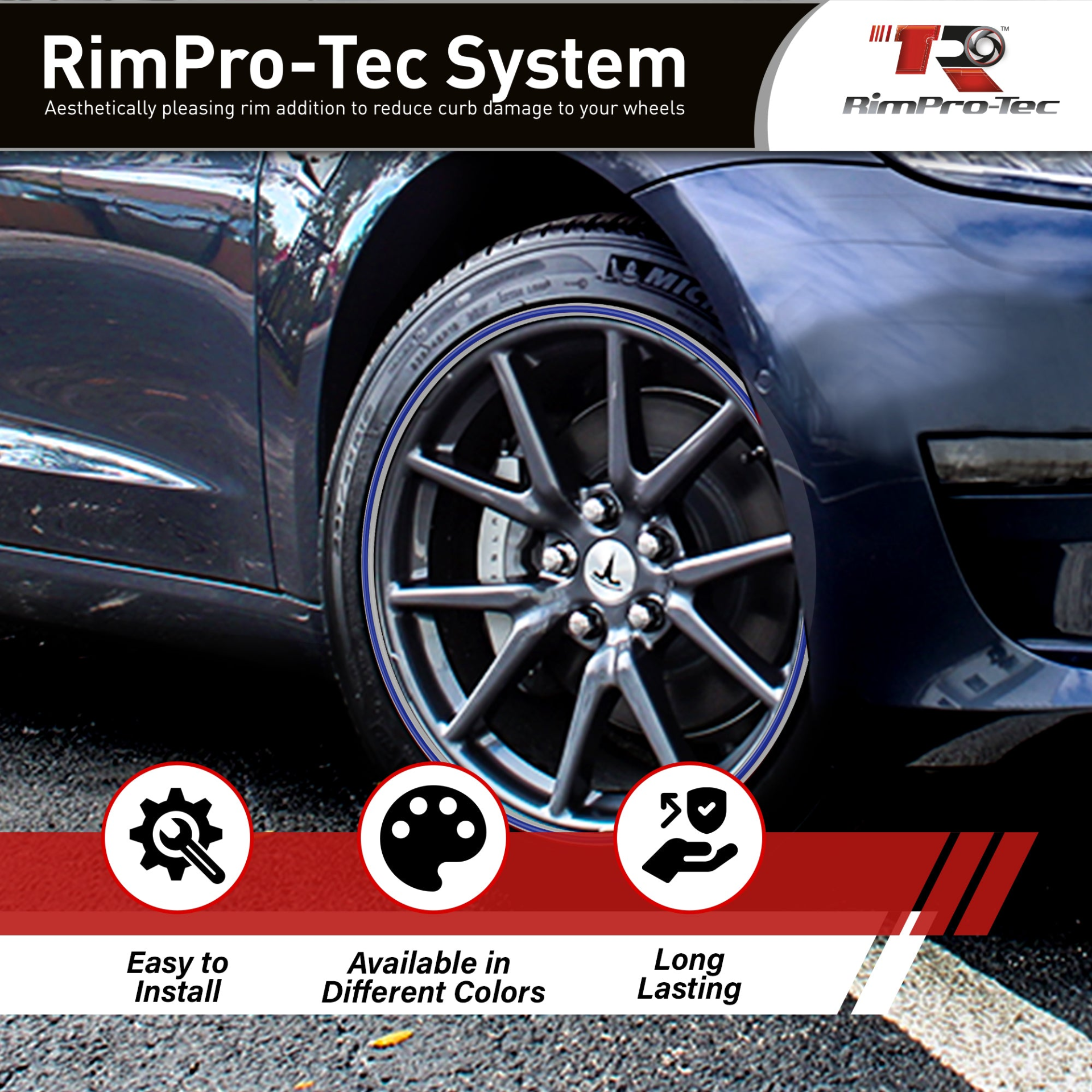 4x Silver Base's 4x Dark Blue Pinstripe's / RimPro-Tec® Wheelbands™ car wheel styling kit