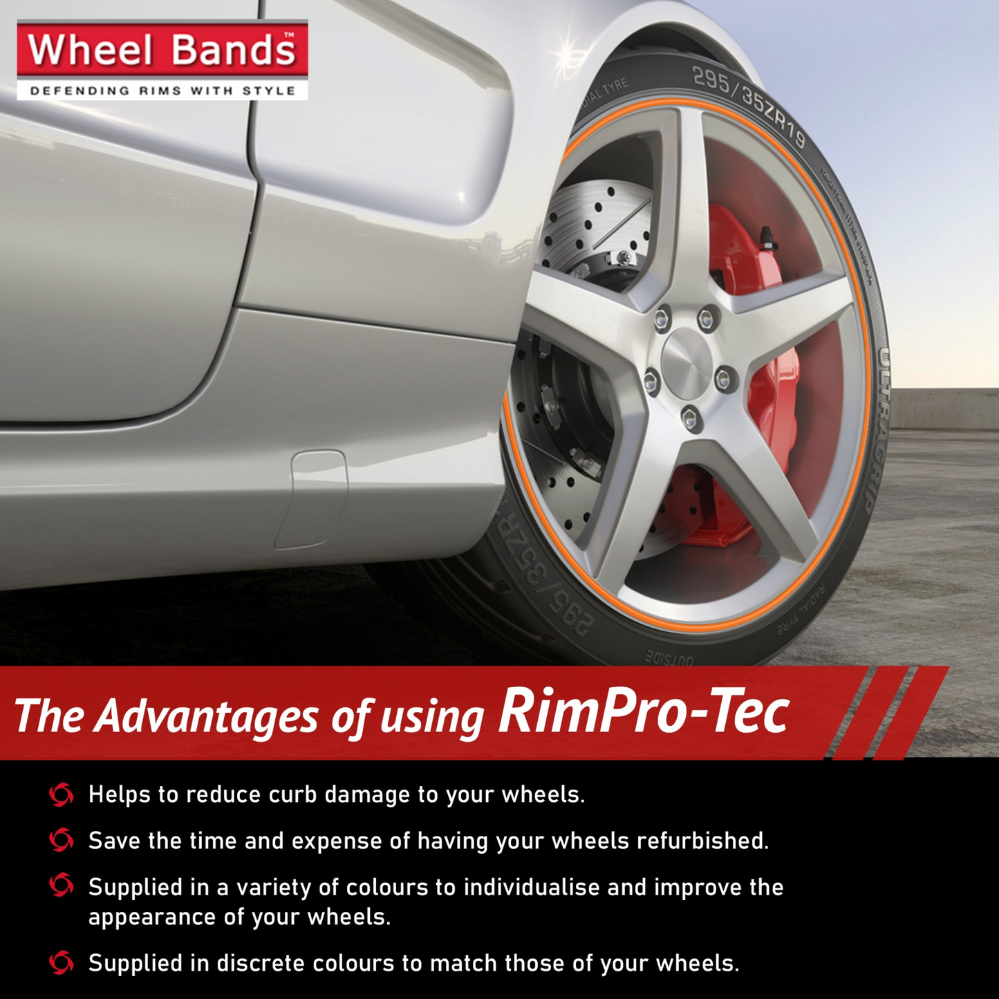 4x Silver Base's 4x Orange Pinstripe's / RimPro-Tec® Wheelbands™ car wheel styling kit
