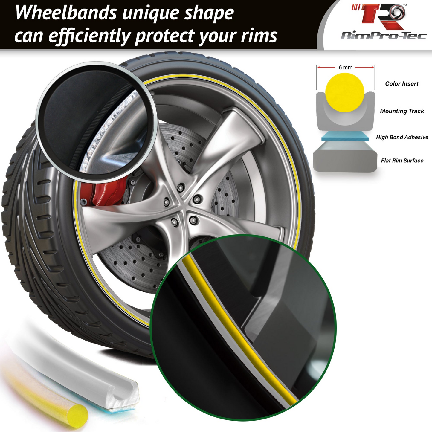 4x Silver Base's 4x Yellow  Pinstripe's / RimPro-Tec® Wheelbands™ car wheel styling kit