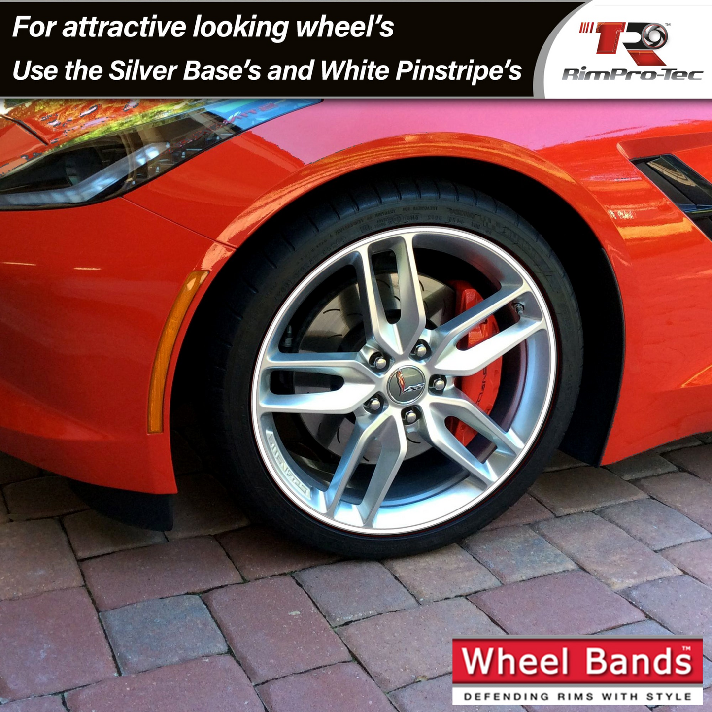 4x Silver Base's 4x White  Pinstripe's / RimPro-Tec® Wheelbands™ car wheel styling kit