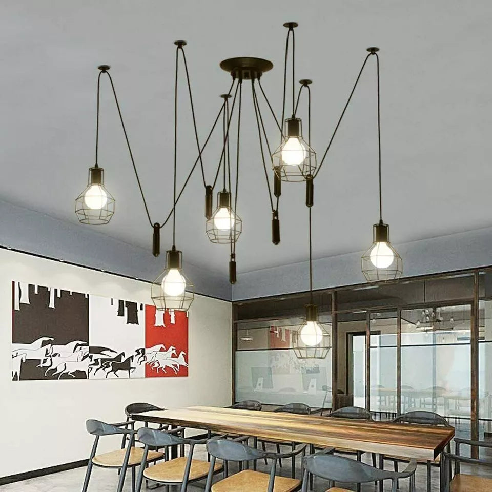 Black Spider Chandelier with Wire Cage 6 Out Let Pendant Light ~2018