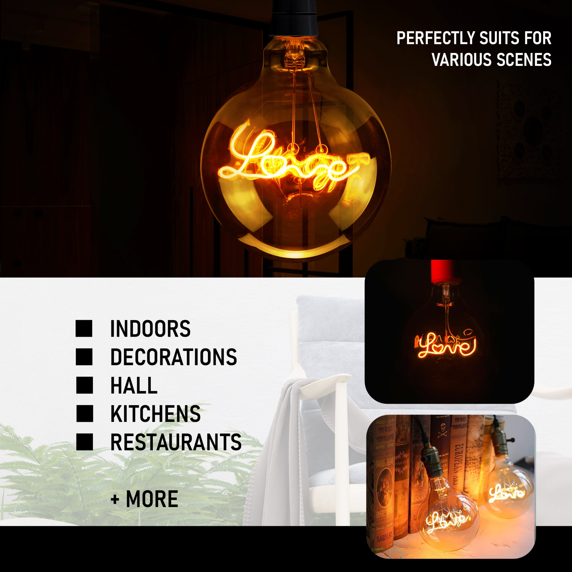 E27 LED Light Bulb G125 Love Filament Amber Glass Globe Warm White~1042