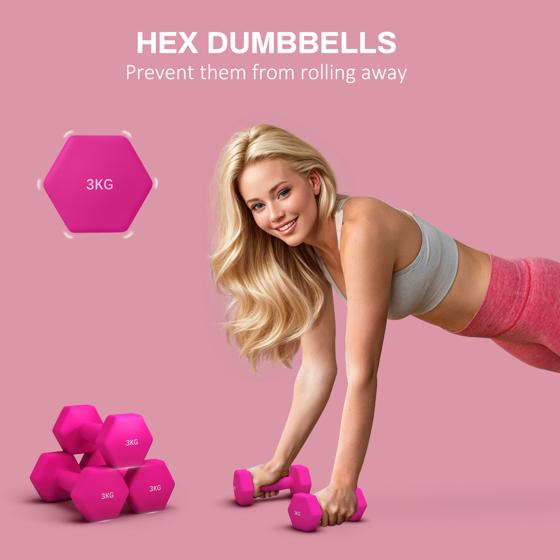 SPORTNOW Set of 6 Hex Dumbbells, Weights Pair with Non-Slip Grip for Home Gym 2 x 3kg, 2 x 4kg, 2 x 5kg in Pink, Purple and Green