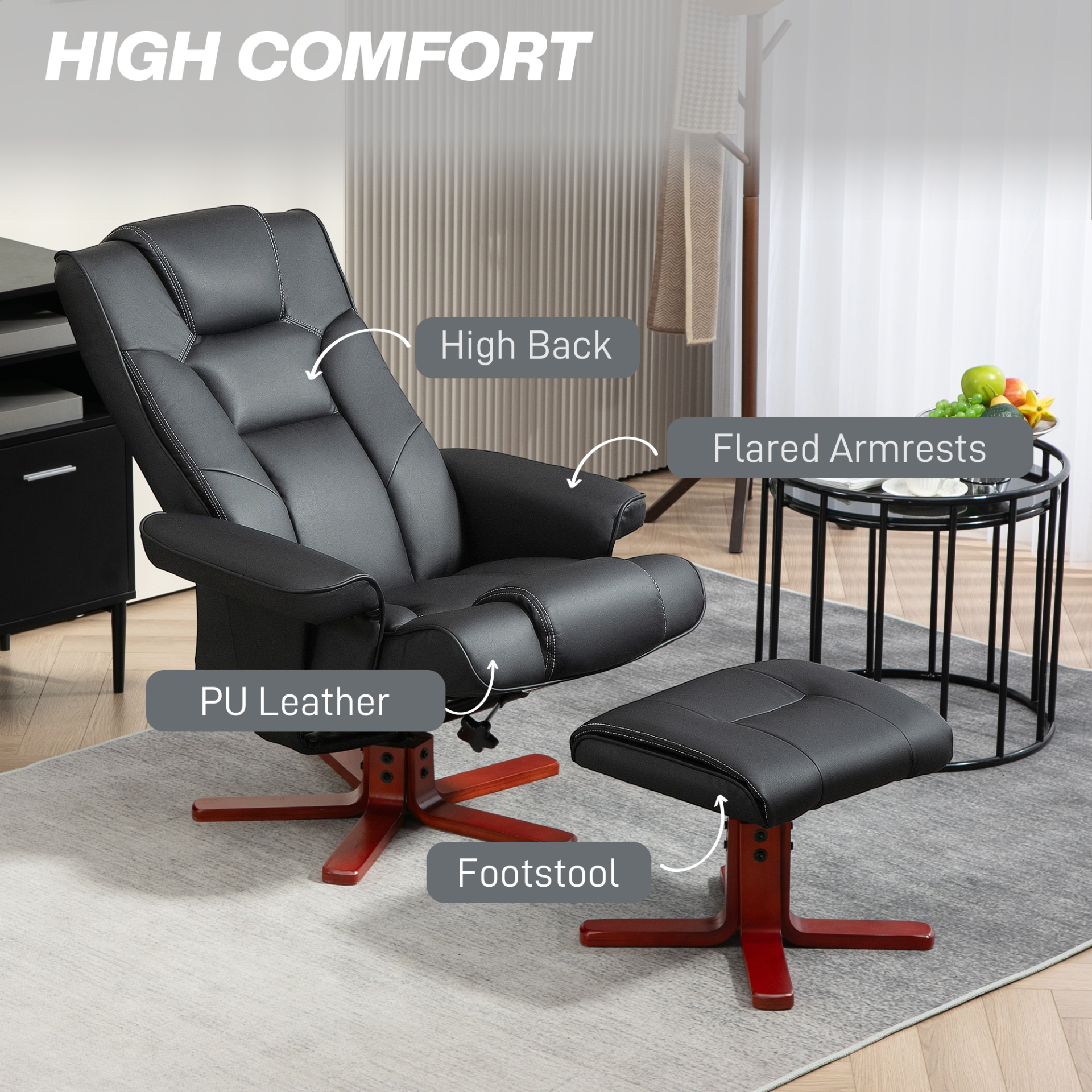 HOMCOM Faux Leather Manual Recliner and Footstool Set in Black