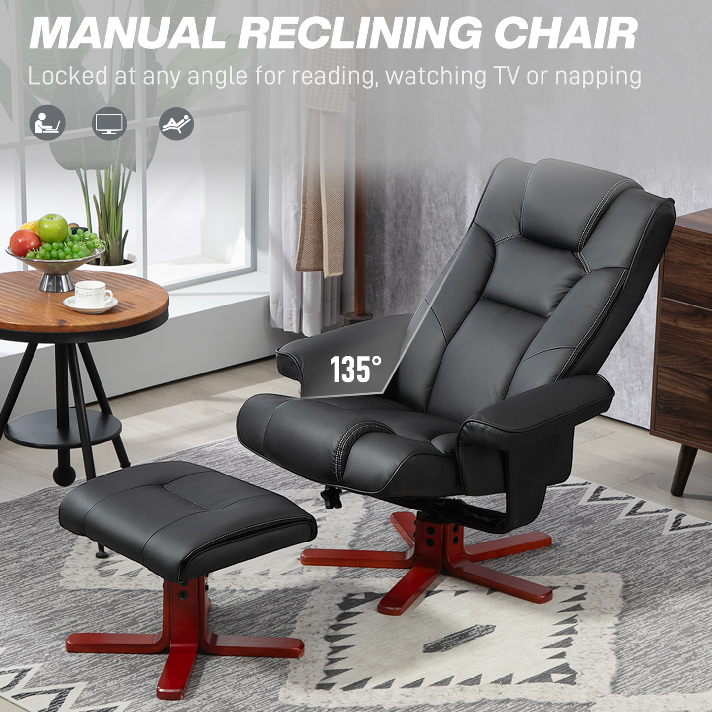 HOMCOM Faux Leather Manual Recliner and Footstool Set in Black
