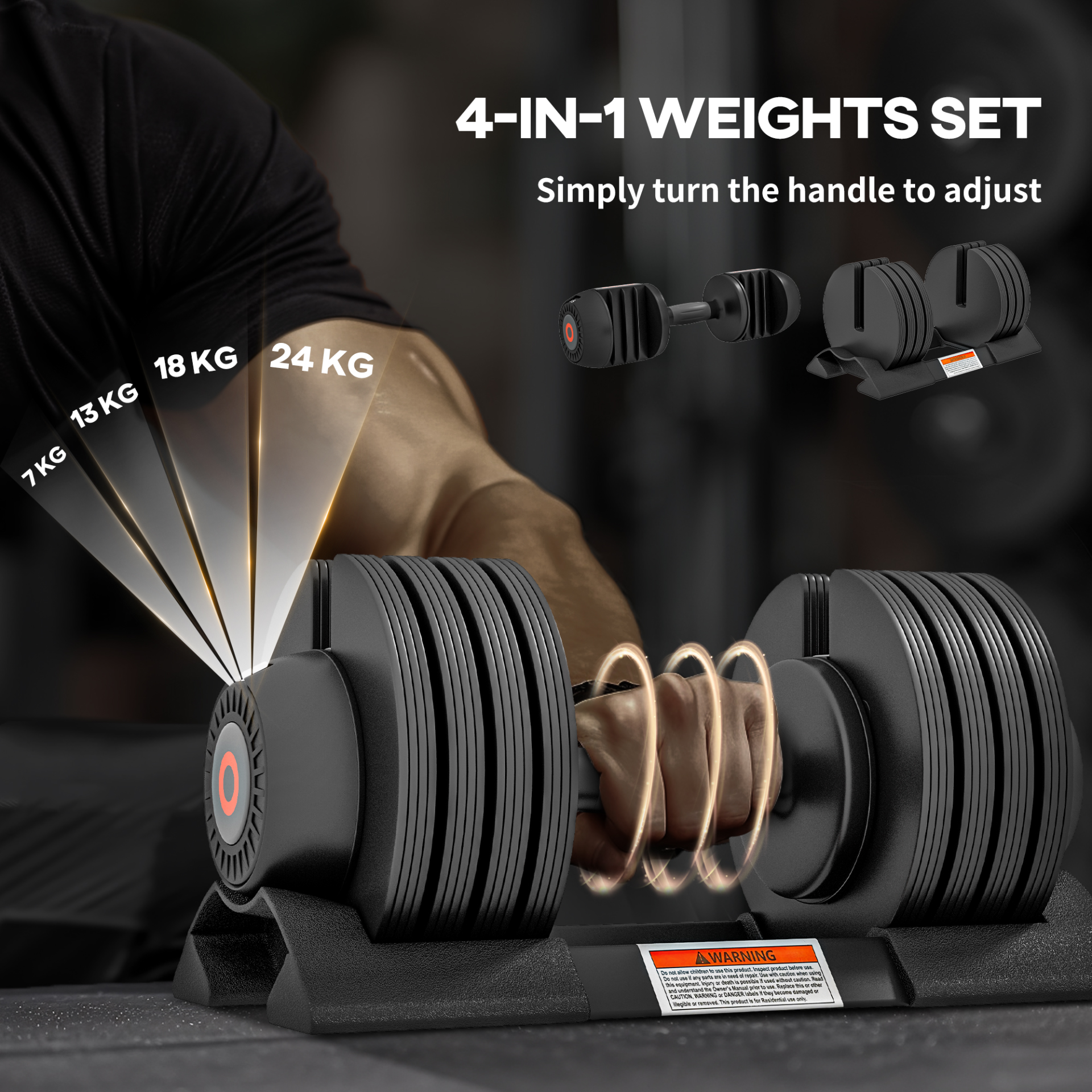 SPORTNOW 2 x 24KG Adjustable Dumbbells Set, 4-in-1 Weights Set with Storage Tray and Non-Slip Handle for Home Gym  in Black