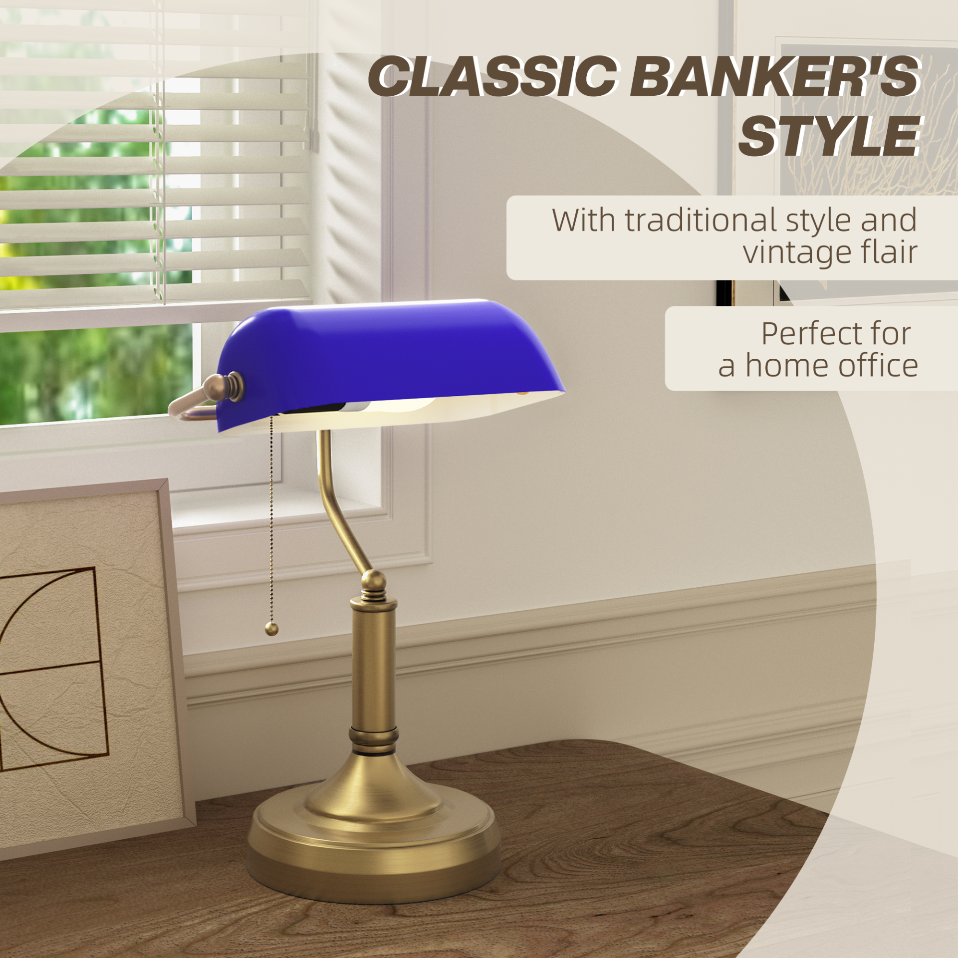HOMCOM Banker's Desk Lamp with Antique Bronze Tone Base, Table Lamp with Blue Glass Shade for Home Office in Blue