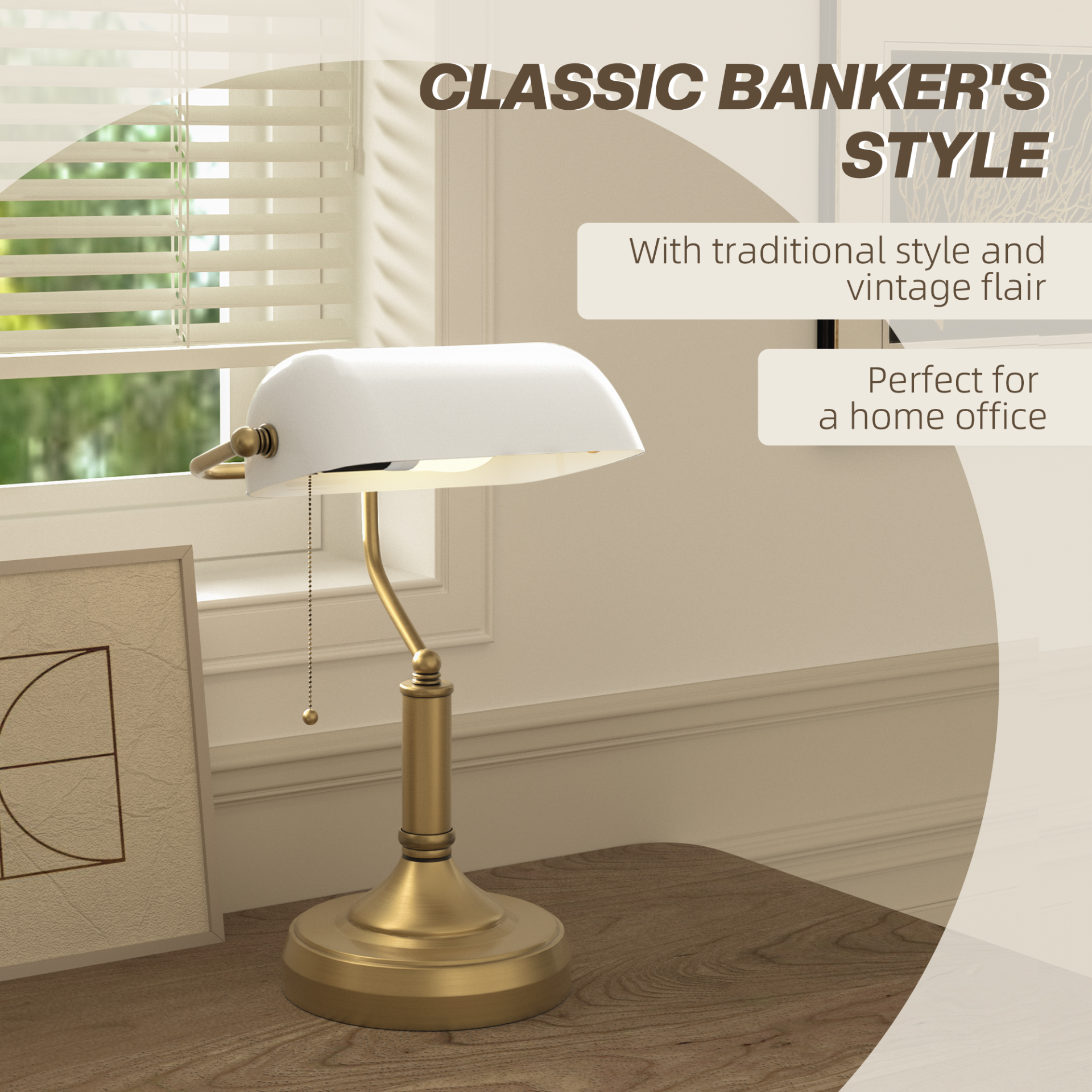 HOMCOM Banker's Desk Lamp with Antique Bronze Tone Base, Table Lamp with White Glass Shade for Home Office in White