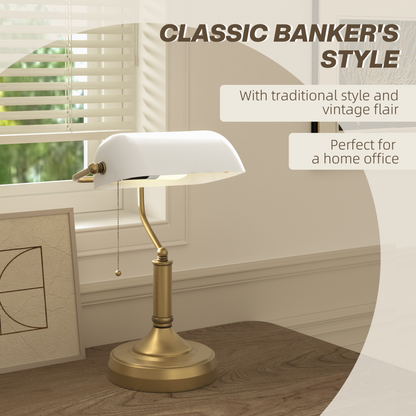 HOMCOM Banker's Desk Lamp with Antique Bronze Tone Base, Table Lamp with White Glass Shade for Home Office in White