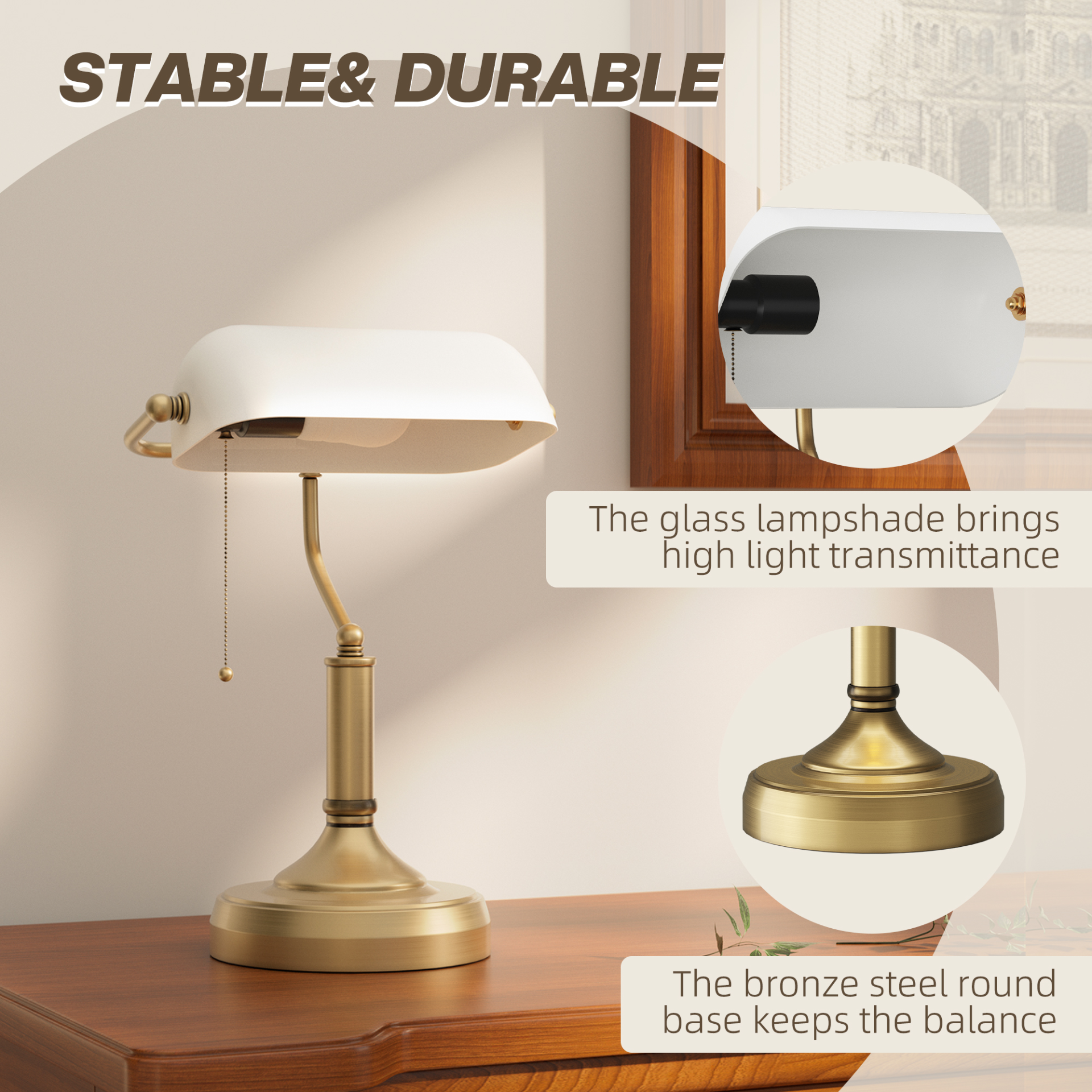 HOMCOM Banker's Desk Lamp with Antique Bronze Tone Base, Table Lamp with White Glass Shade for Home Office in White