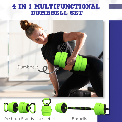30kg Four-In-One Adjustable Weight Green Dumbbells Set, Barbell, Kettlebell, Push Up Stand - SPORTNOW
