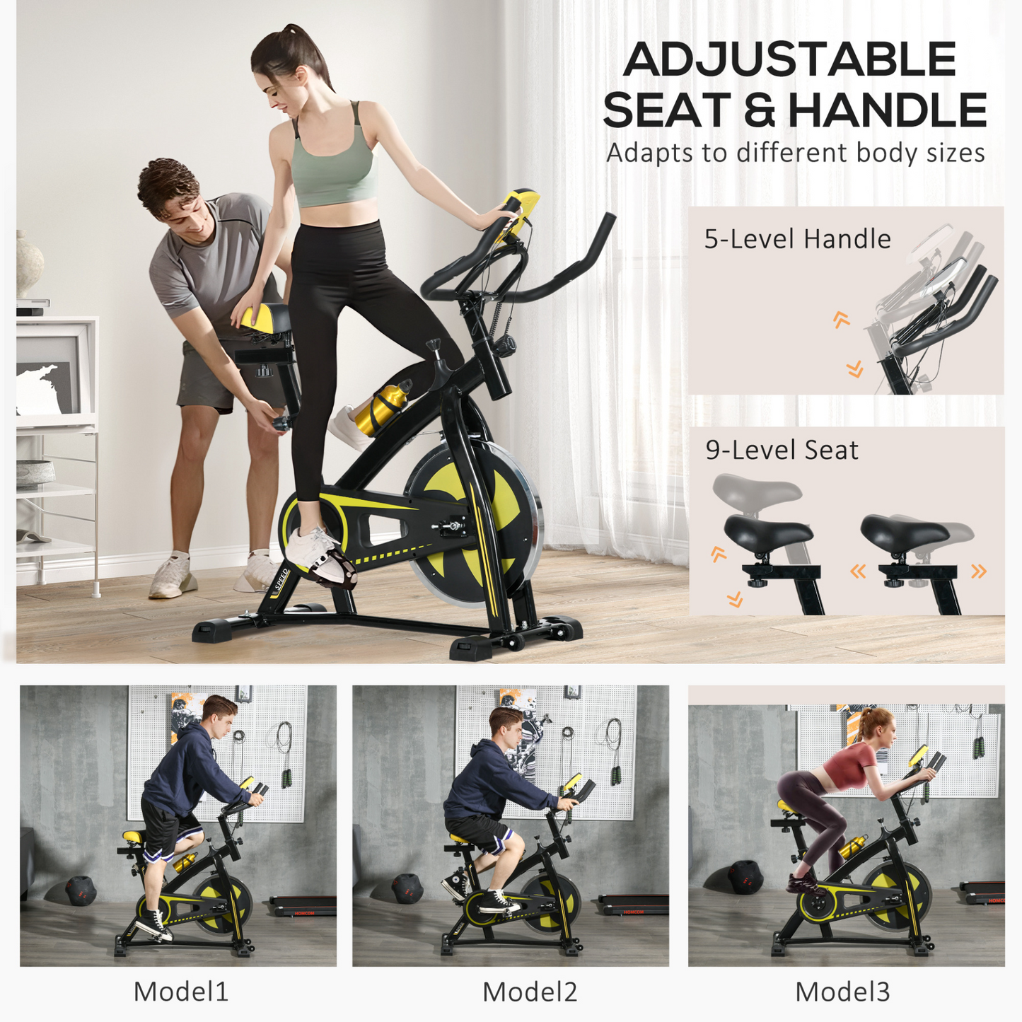 Indoor Exercise Bike, Stationary Bike, Cycling Machine with Adjustable Seat and Resistance for Home Gym Workout in Yellow by SPORTNOW