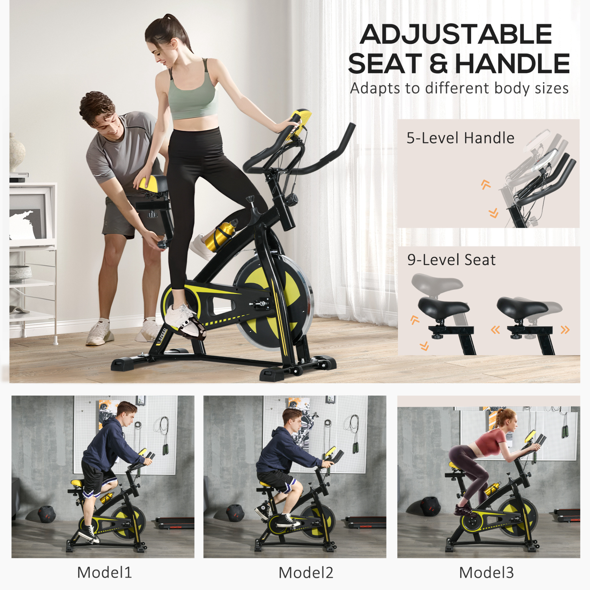 Indoor Exercise Bike, Stationary Bike, Cycling Machine with Adjustable Seat and Resistance for Home Gym Workout in Yellow by SPORTNOW