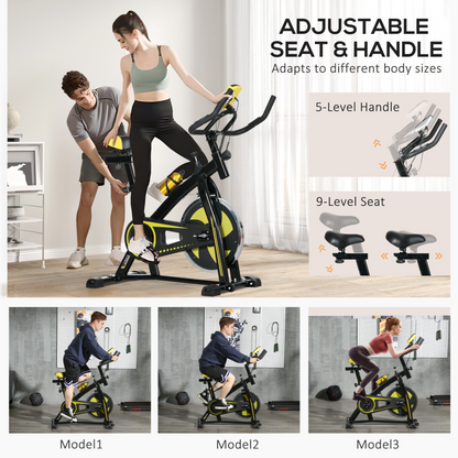 Indoor Exercise Bike, Stationary Bike, Cycling Machine with Adjustable Seat and Resistance for Home Gym Workout in Yellow by SPORTNOW