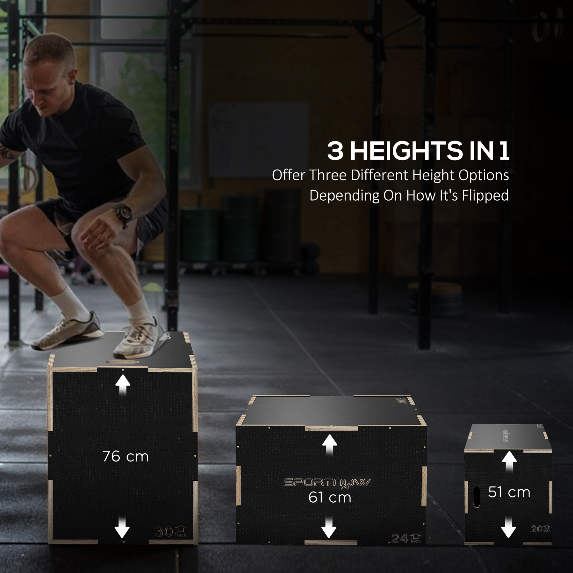 3-in-1 Wooden Plyo Box, Anti-Slip Plyometric Jump Platform, Step up Exercise Box w/ Handle Openings for Home Gym Workout Training | SPORTNOW
