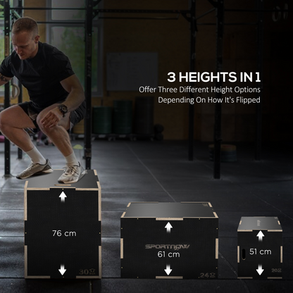 3-in-1 Wooden Plyo Box, Anti-Slip Plyometric Jump Platform, Step up Exercise Box w/ Handle Openings for Home Gym Workout Training | SPORTNOW