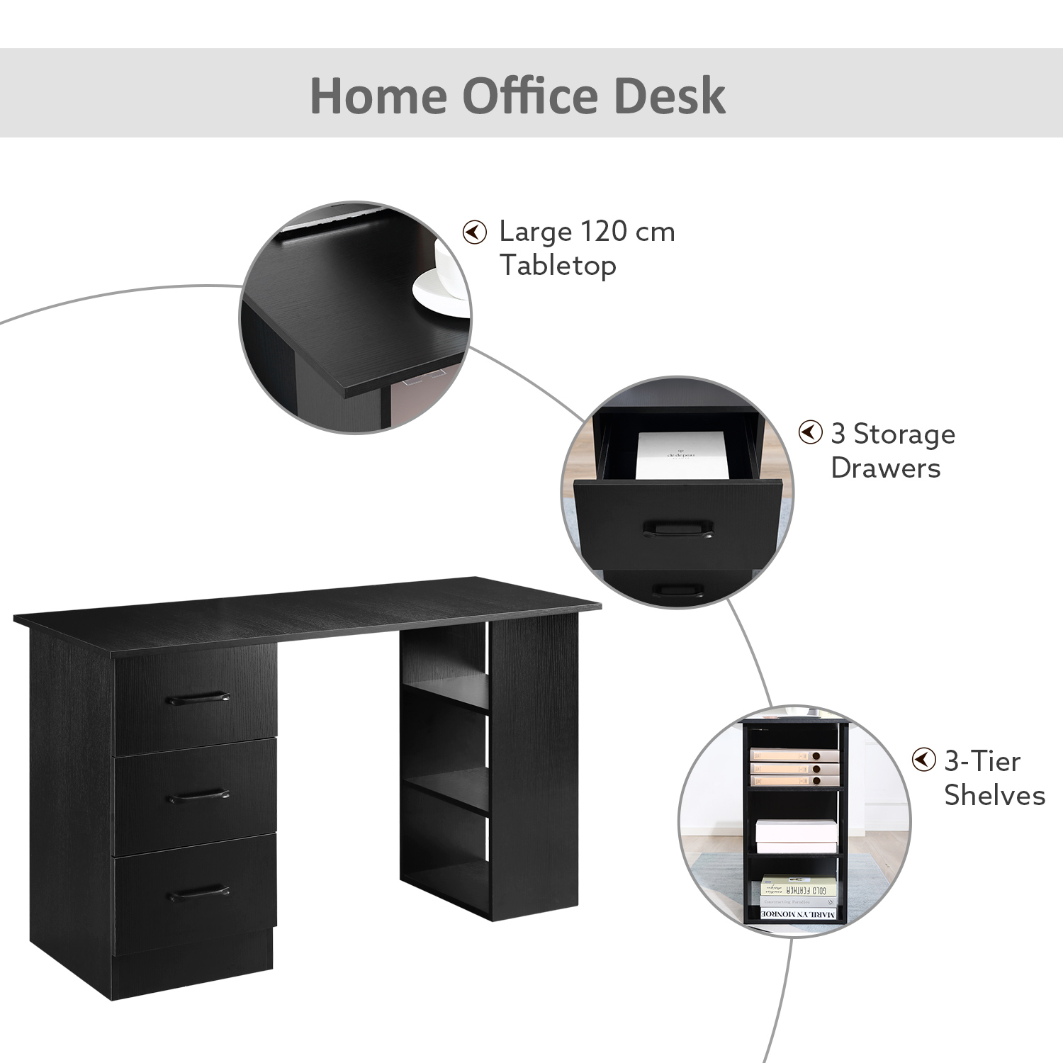 120cm Computer Desk with Storage Shelves Drawers, Writing Table Study Workstation for Home Office, Black by HOMCOM