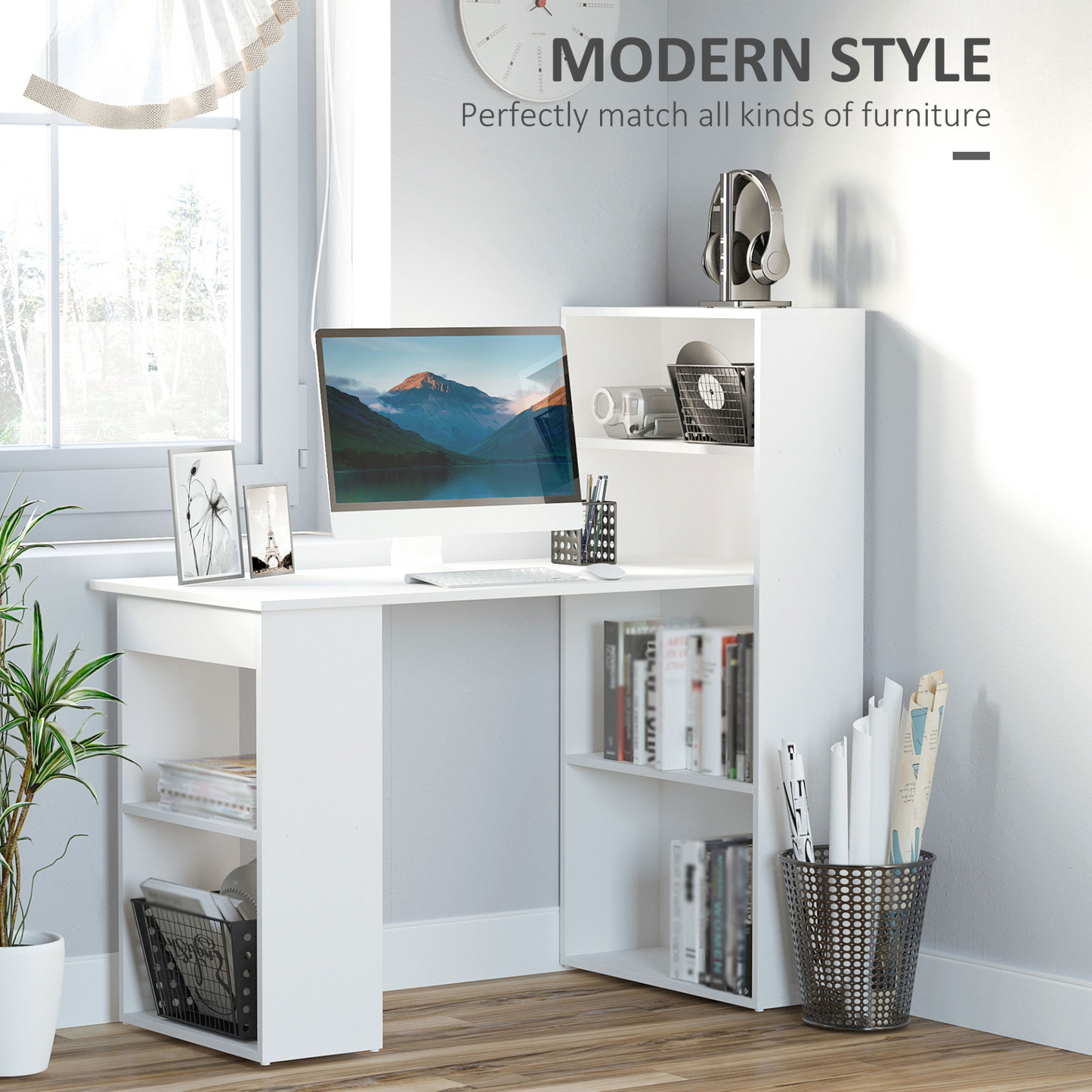 120cm Modern Computer Desk Bookshelf Writing Table Workstation PC Laptop Study Home Office 6 Shelves White | HOMCOM