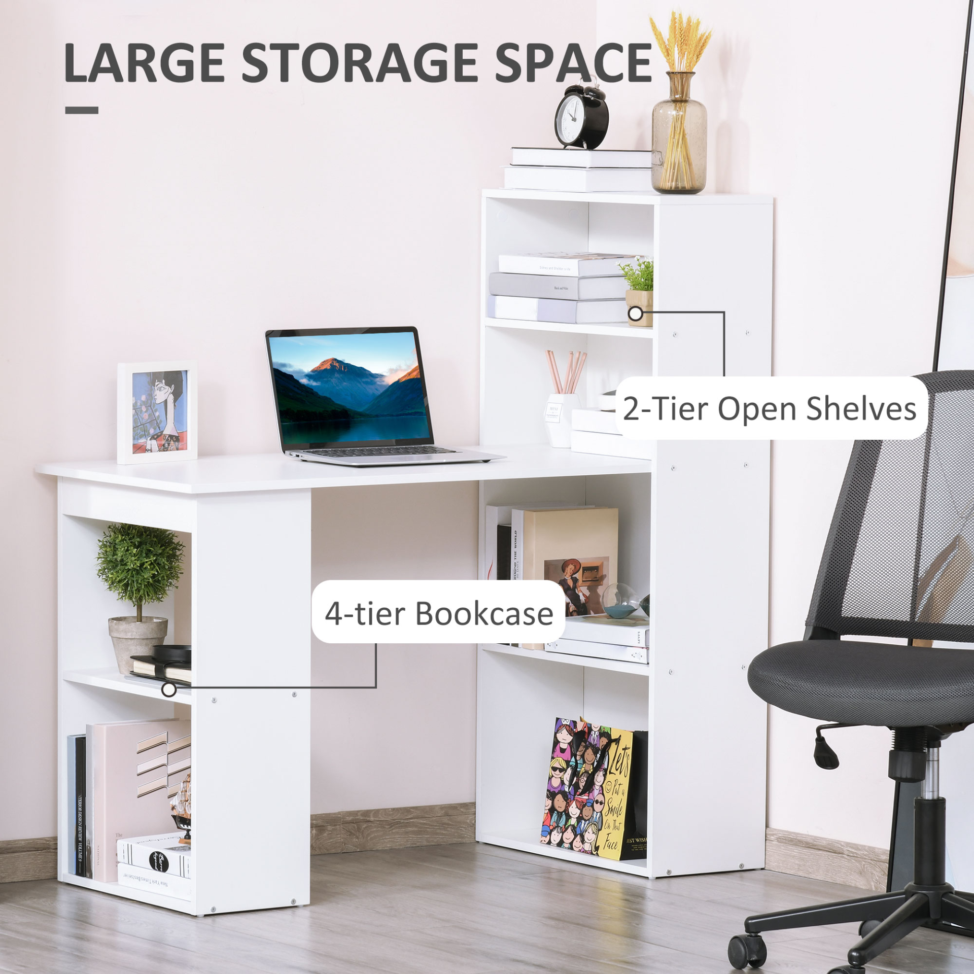 120cm Modern Computer Desk Bookshelf Writing Table Workstation PC Laptop Study Home Office 6 Shelves White | HOMCOM