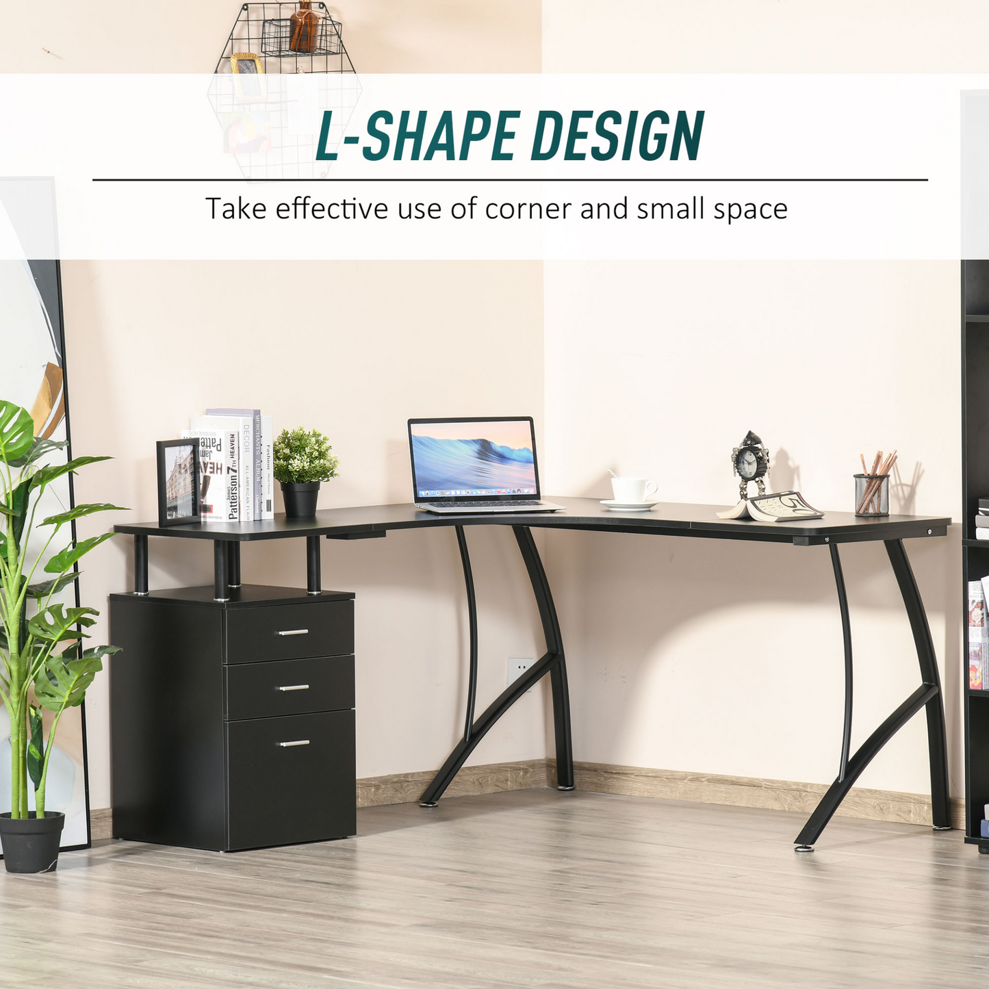 L-Shaped Computer Desk Table with Storage Drawer Home Office Corner Industrial Style Workstation in Black by HOMCOM