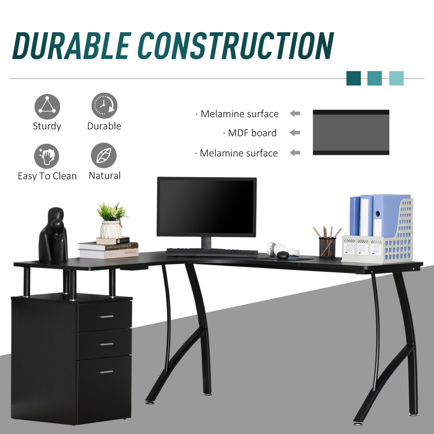 L-Shaped Computer Desk Table with Storage Drawer Home Office Corner Industrial Style Workstation in Black by HOMCOM