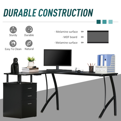 L-Shaped Computer Desk Table with Storage Drawer Home Office Corner Industrial Style Workstation in Black by HOMCOM