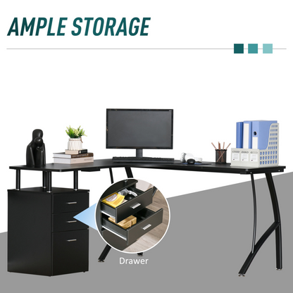 L-Shaped Computer Desk Table with Storage Drawer Home Office Corner Industrial Style Workstation in Black by HOMCOM