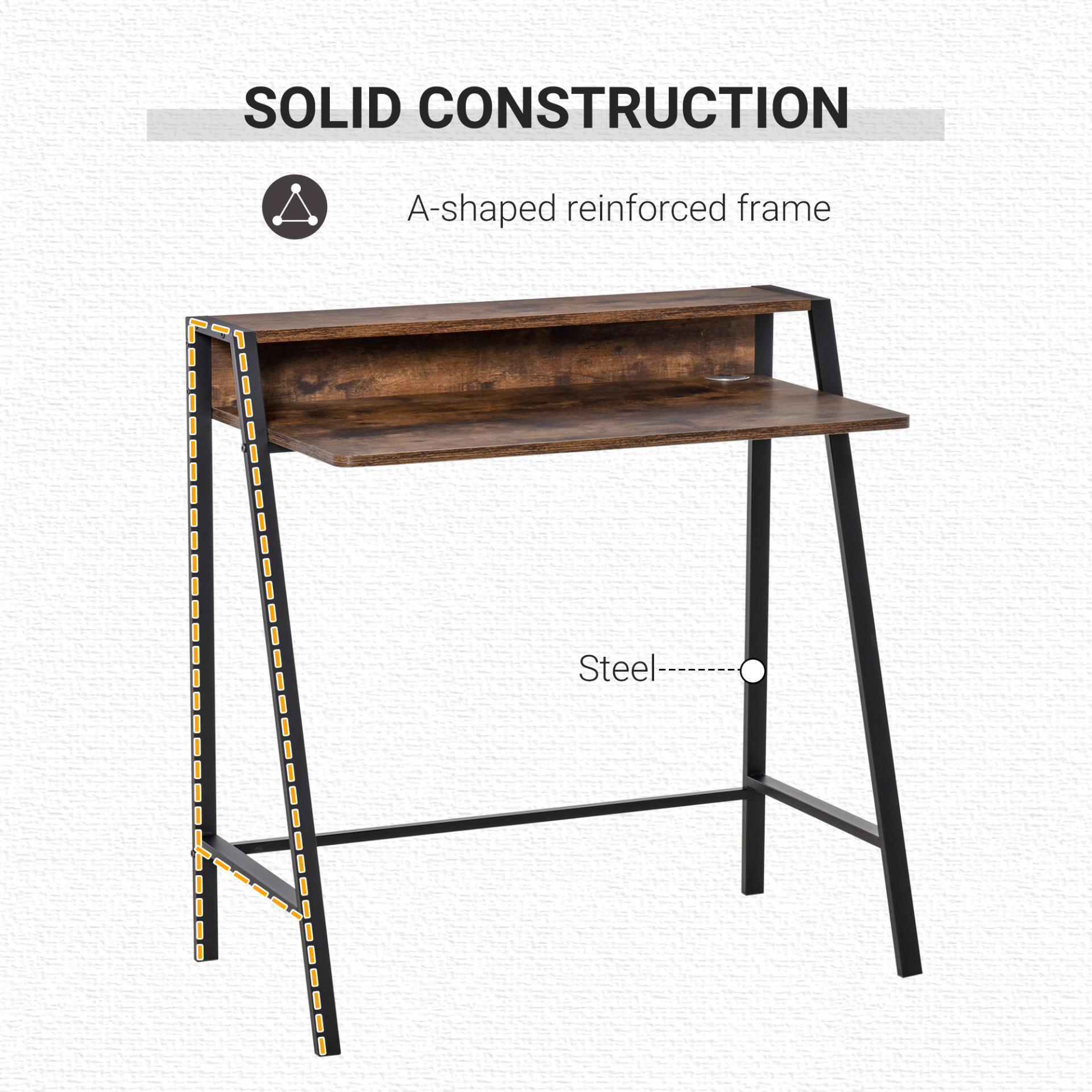 Writing Desk with Storage Shelf and Metal frame, Computer Table, Home Office PC Laptop Workstation in Rustic Brown | HOMCOM