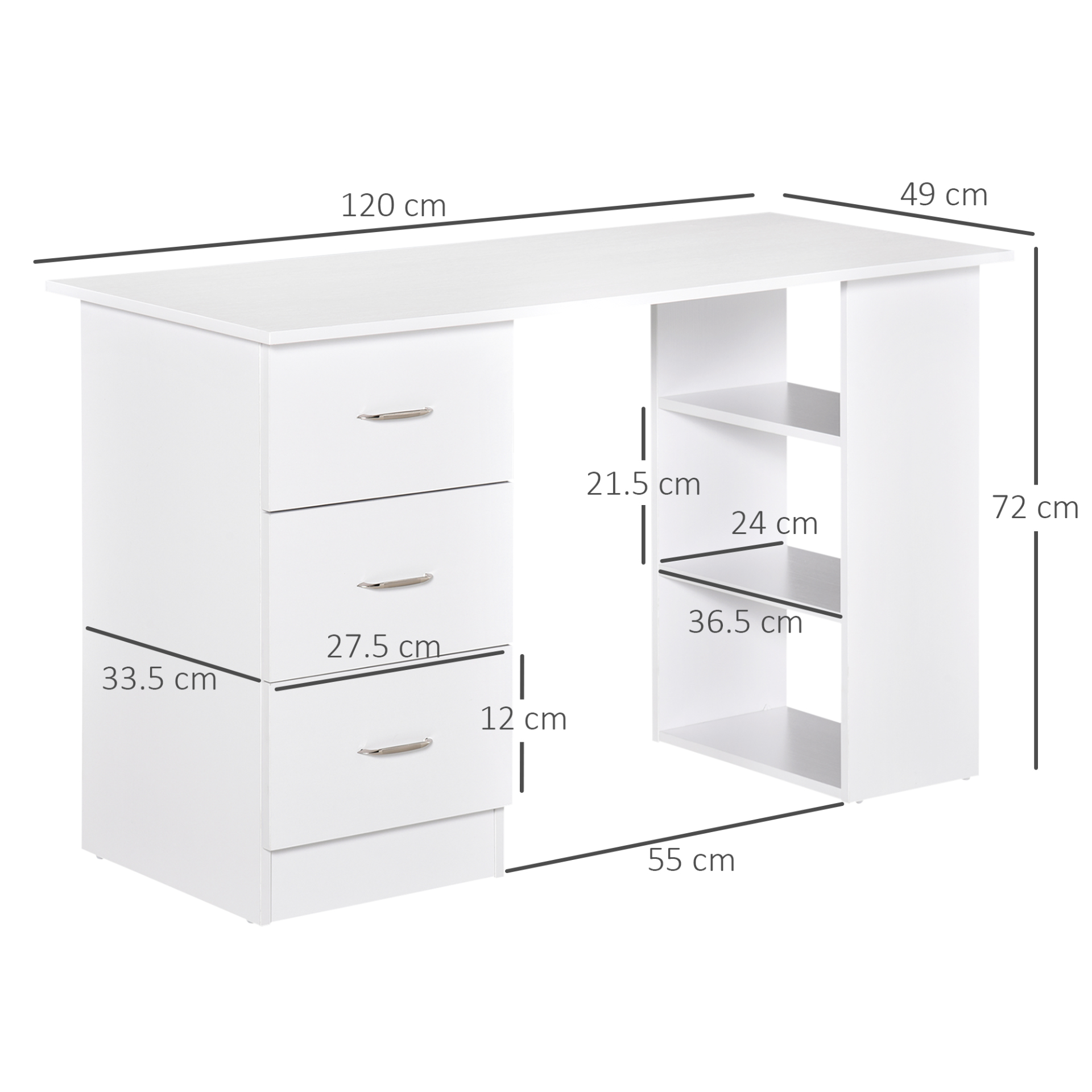120cm Computer Desk Writing Table PC Workstation Study Laptop Stationery w/ 3 Shelf & Drawers White by HOMCOM