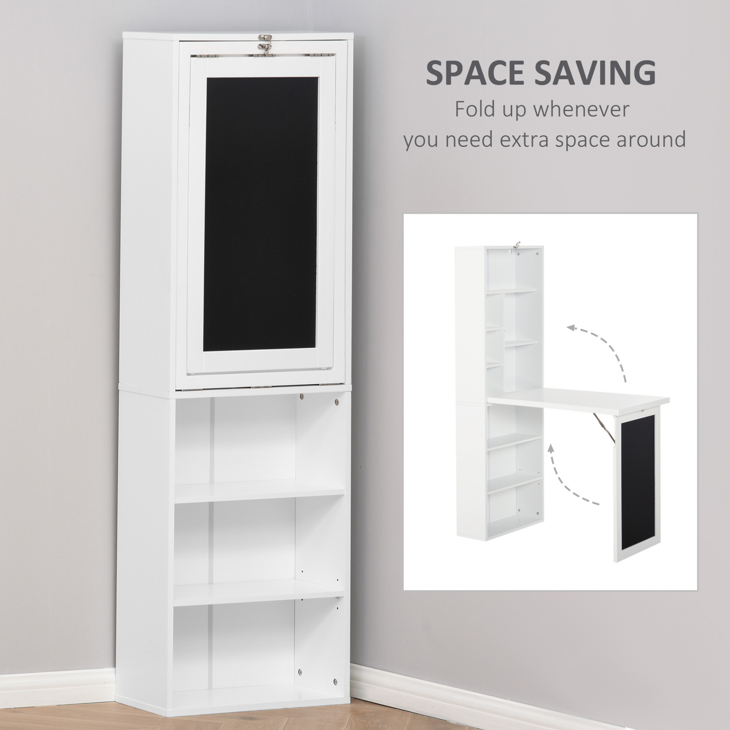 Fold-out Convertible Writing Desk Wall Mount Cabinet with Blackboard and Side Shelf Multi-Function Home Office Workstation in White by HOMCOM