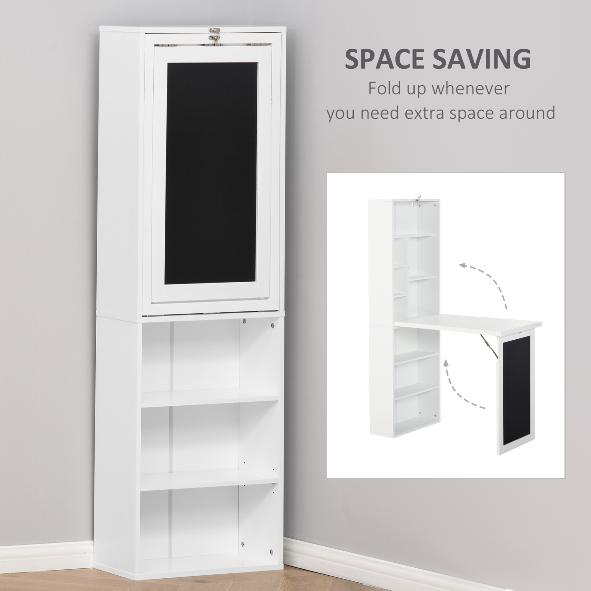 Fold-out Convertible Writing Desk Wall Mount Cabinet with Blackboard and Side Shelf Multi-Function Home Office Workstation in White by HOMCOM