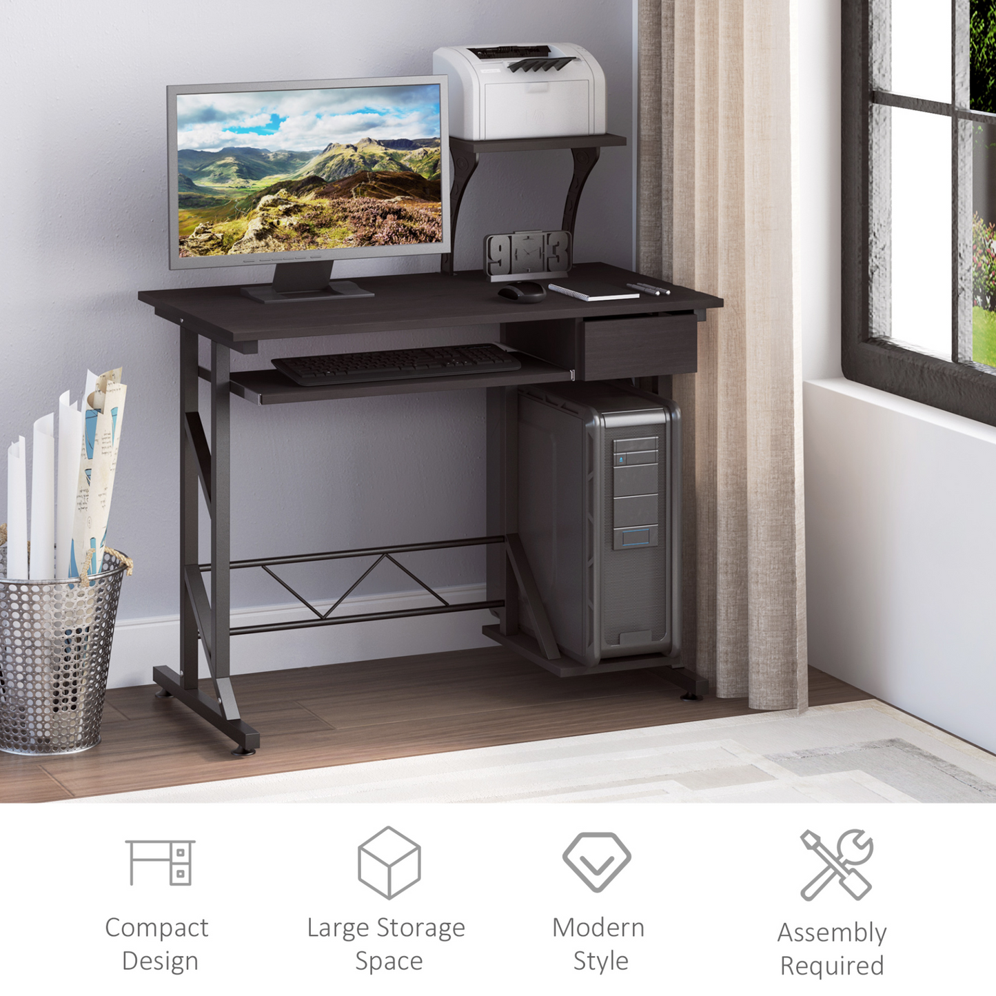 Wooden Computer Desk with Display Shelf, Executive PC Workstation for Home Office in Brown | HOMCOM
