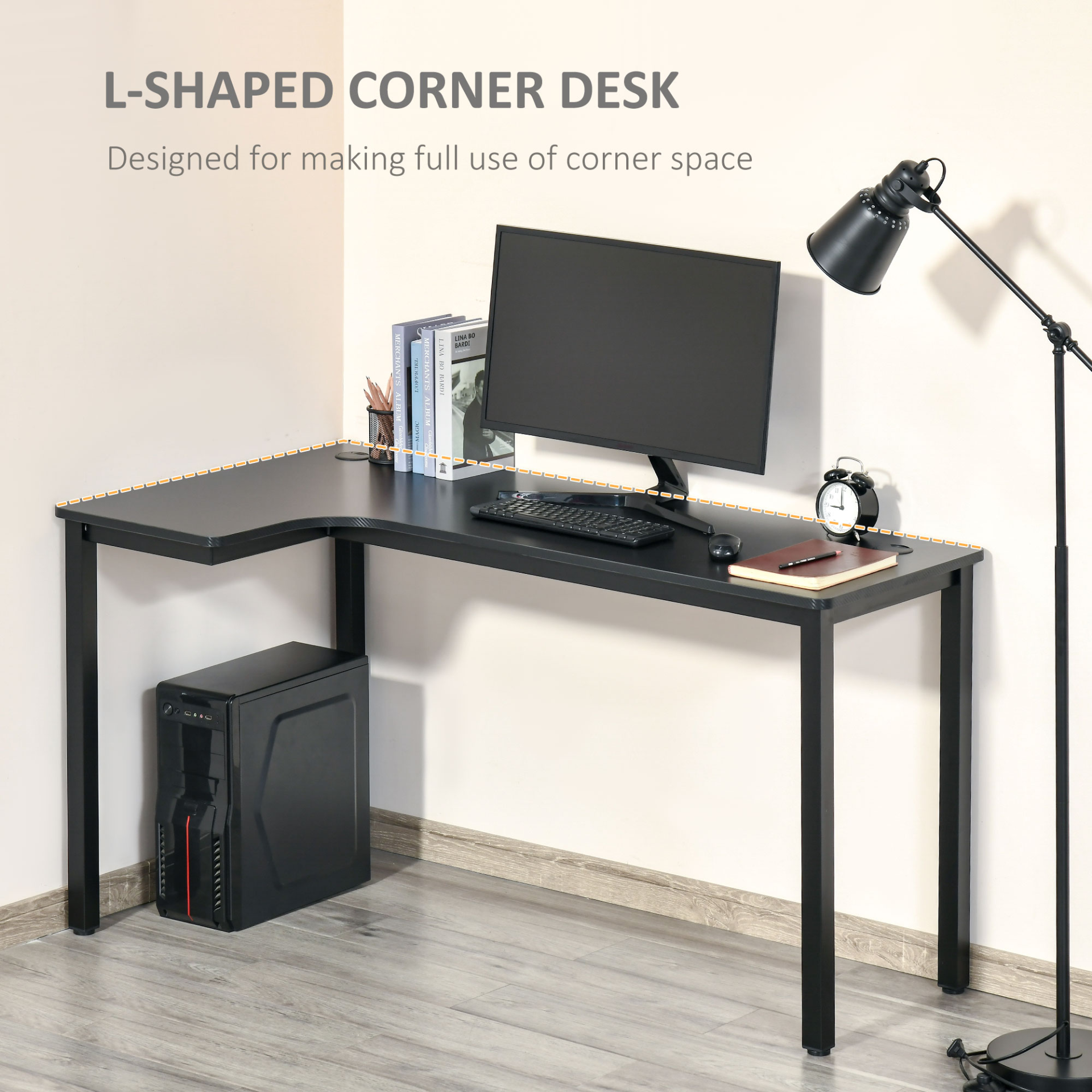 L-Shaped Gaming Desk, Computer Corner Desk with Cable Management, Home Office Workstation, 145 x 81 x 76cm, Black | HOMCOM
