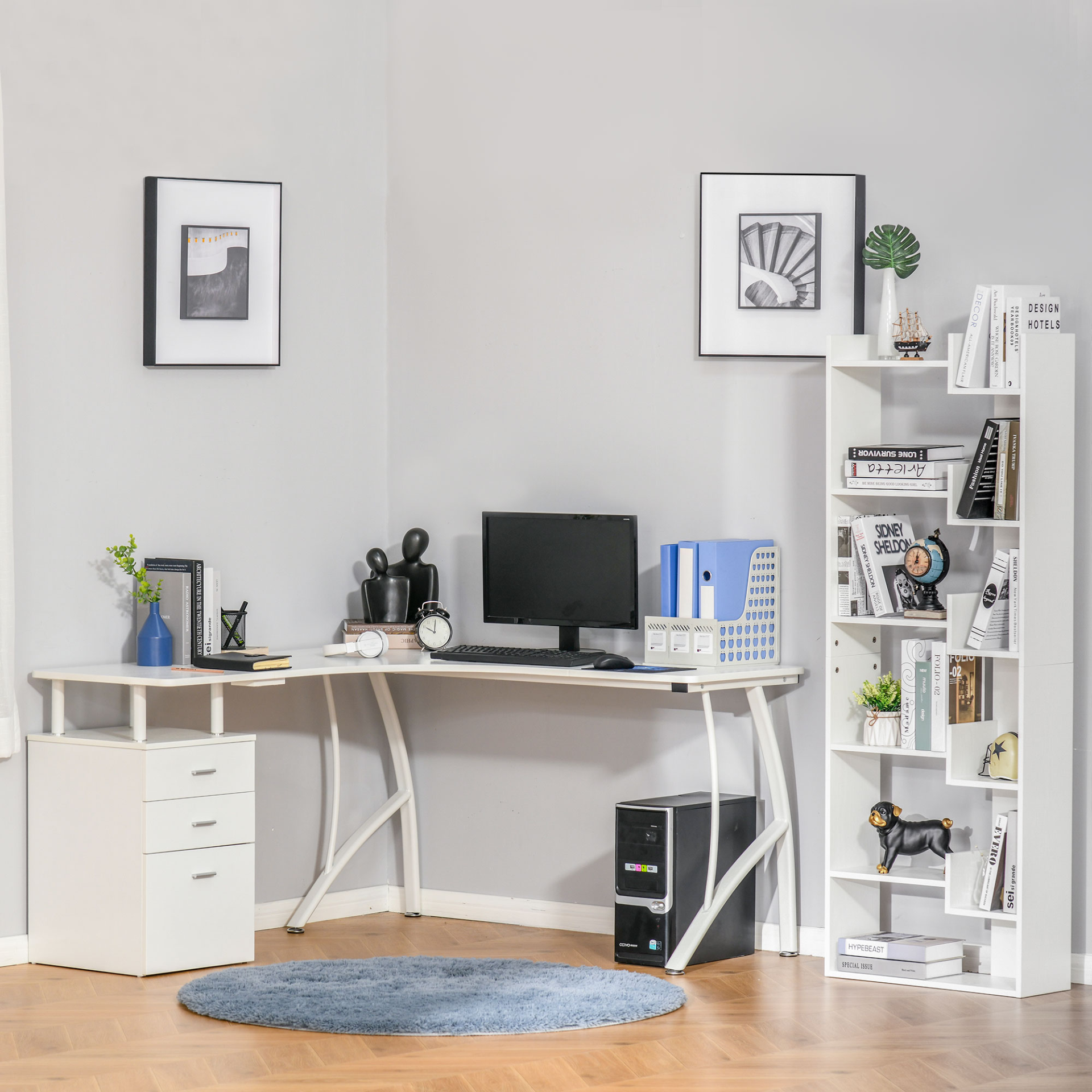 L-Shaped Computer Desk Table with Storage Drawer Home Office Corner Industrial Style Workstation in White | HOMCOM