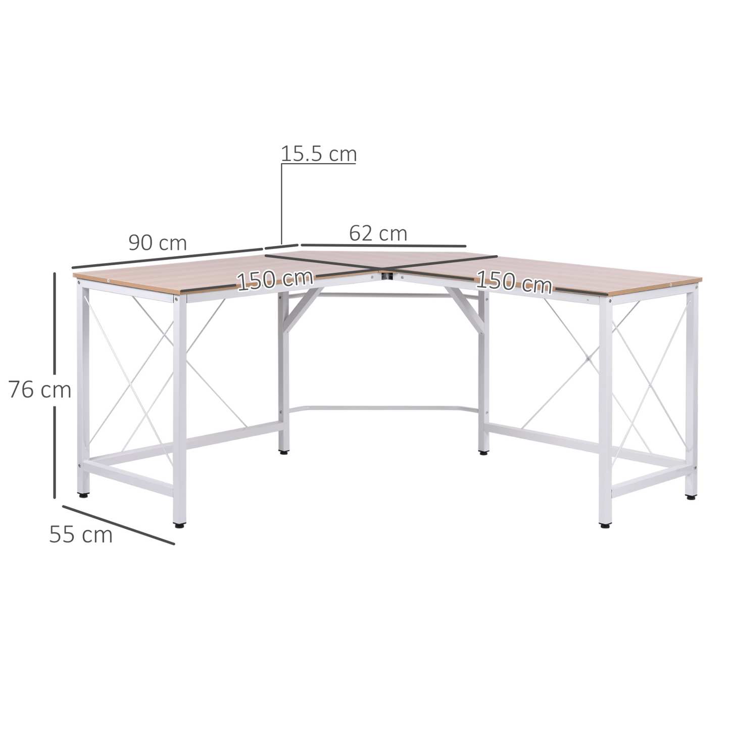 L-Shape Corner Gaming Desk, Computer PC Workstation for Home Office, Three Worktop Writing Table, 76x150cm, Oak | HOMCOM