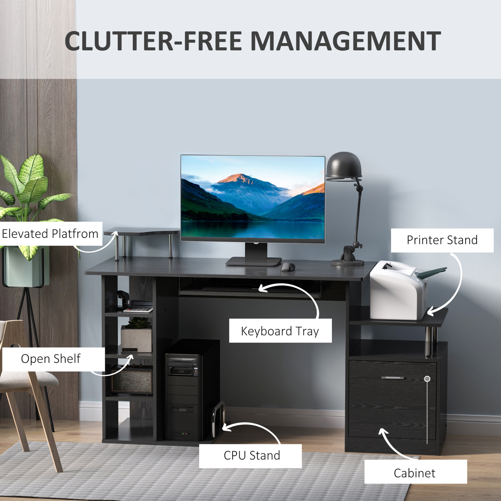 Computer Desk PC Workstation with Drawer Shelves CPU Storage Rack for Home or Office in BLACK | HOMCOM
