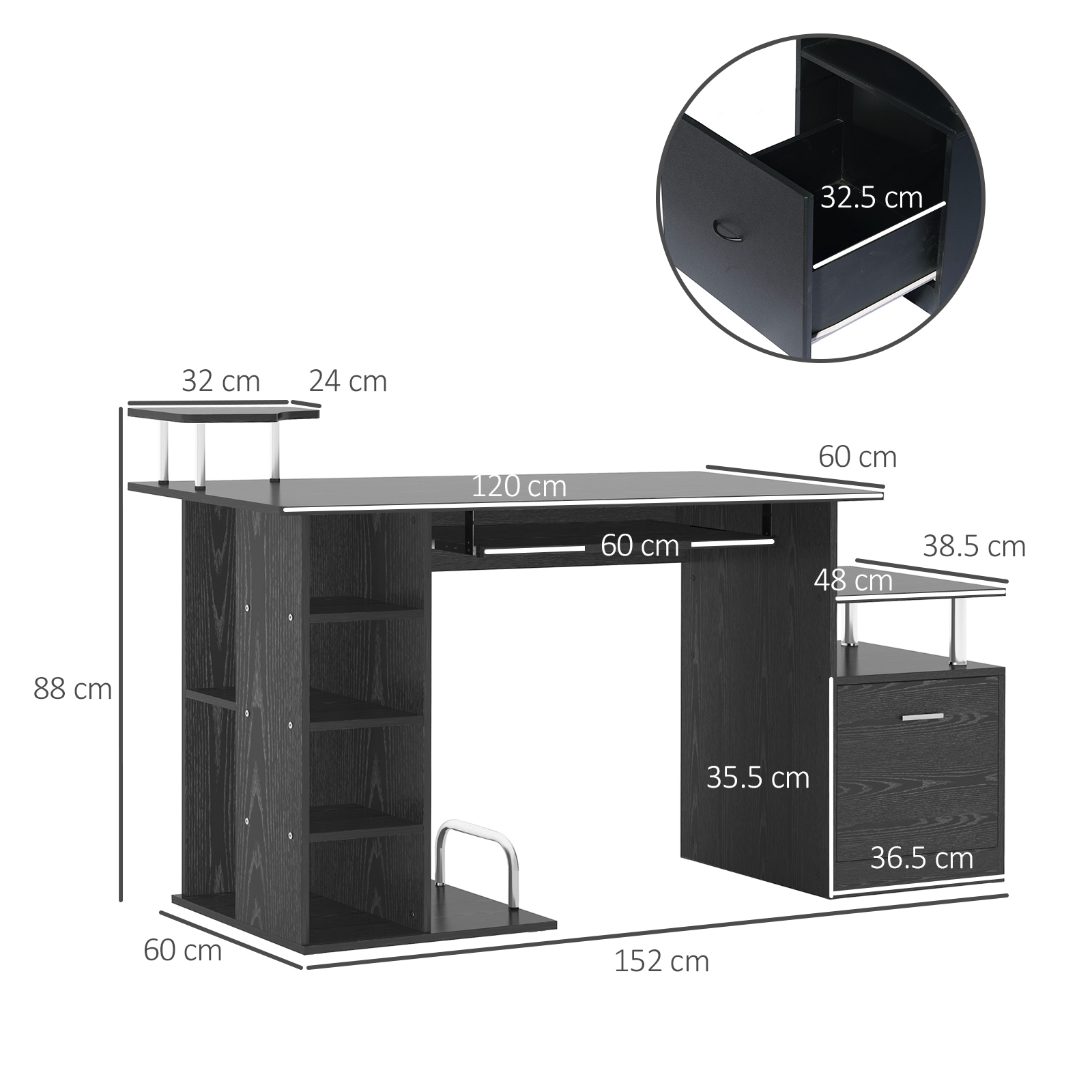 Computer Desk PC Workstation with Drawer Shelves CPU Storage Rack for Home or Office in BLACK | HOMCOM