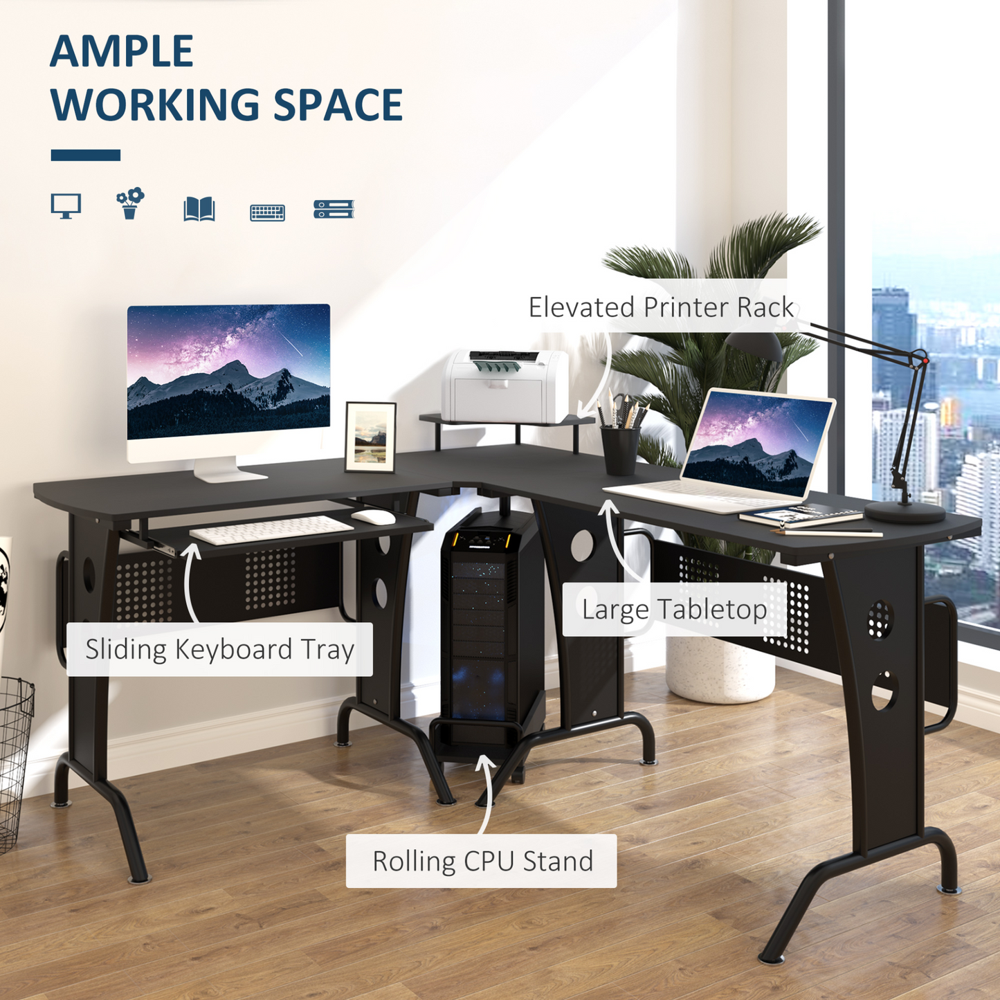L-Shaped Corner Work Desk Gaming Office with Steel Frame CPU Rack Keyboard Tray Space-Saving Melamine Coating Computer in Black | HOMCOM