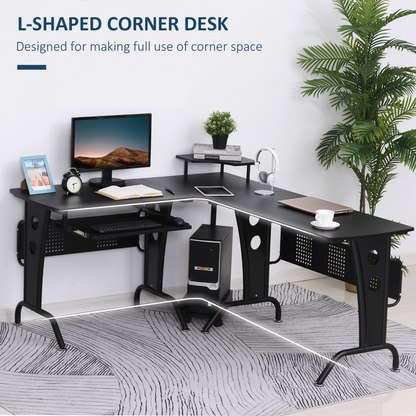 L-Shaped Corner Work Desk Gaming Office with Steel Frame CPU Rack Keyboard Tray Space-Saving Melamine Coating Computer in Black | HOMCOM